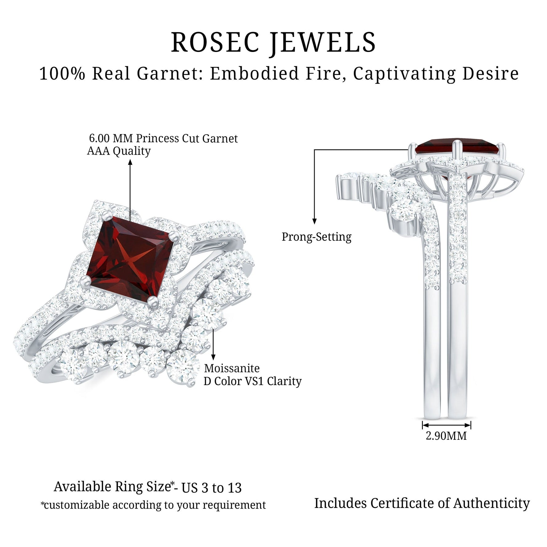 Princess Cut Garnet Designer Wedding Ring Set with Moissanite