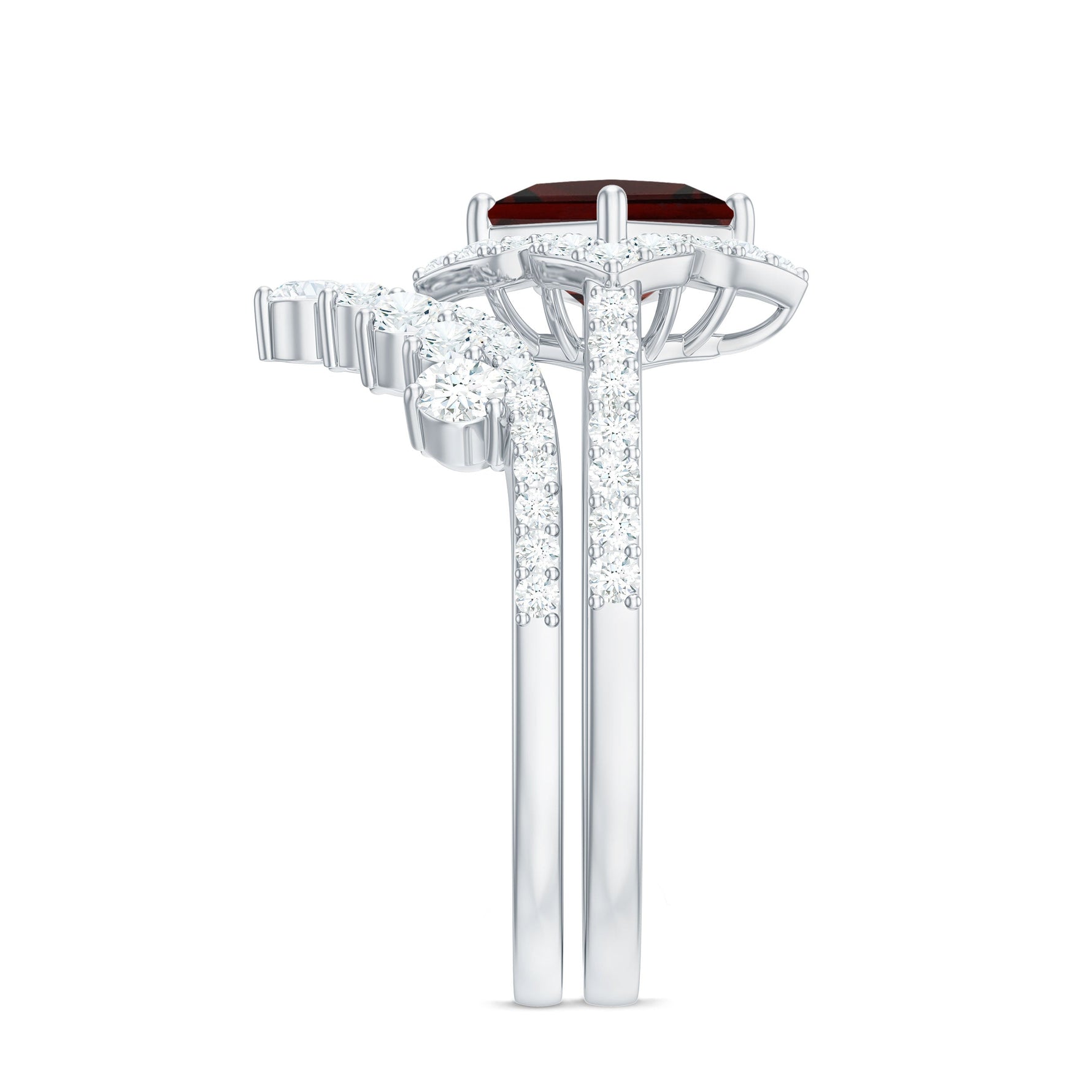Princess Cut Garnet Designer Wedding Ring Set with Moissanite