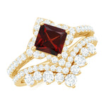 Princess Cut Garnet Designer Wedding Ring Set with Moissanite