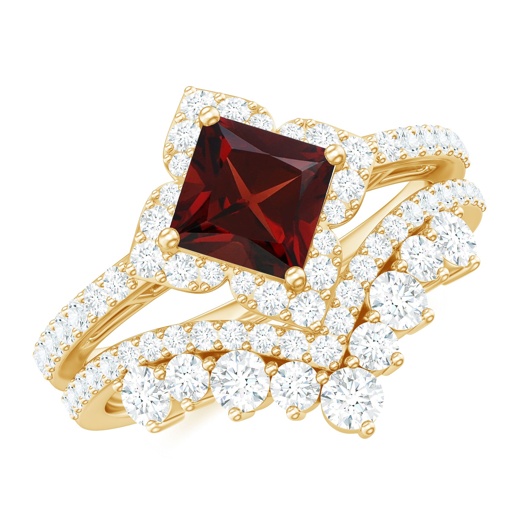 Princess Cut Garnet Designer Wedding Ring Set with Moissanite