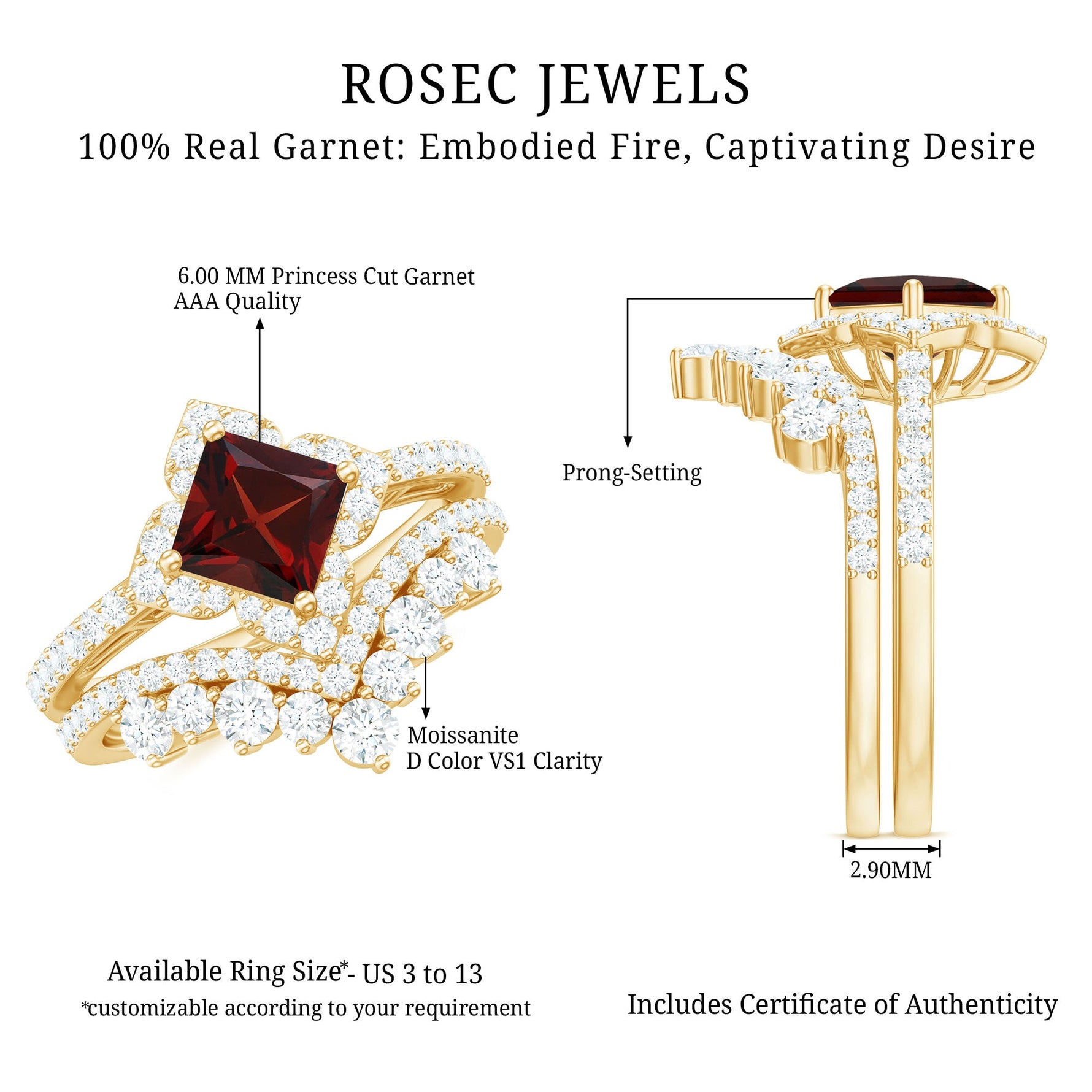 Princess Cut Garnet Designer Wedding Ring Set with Moissanite