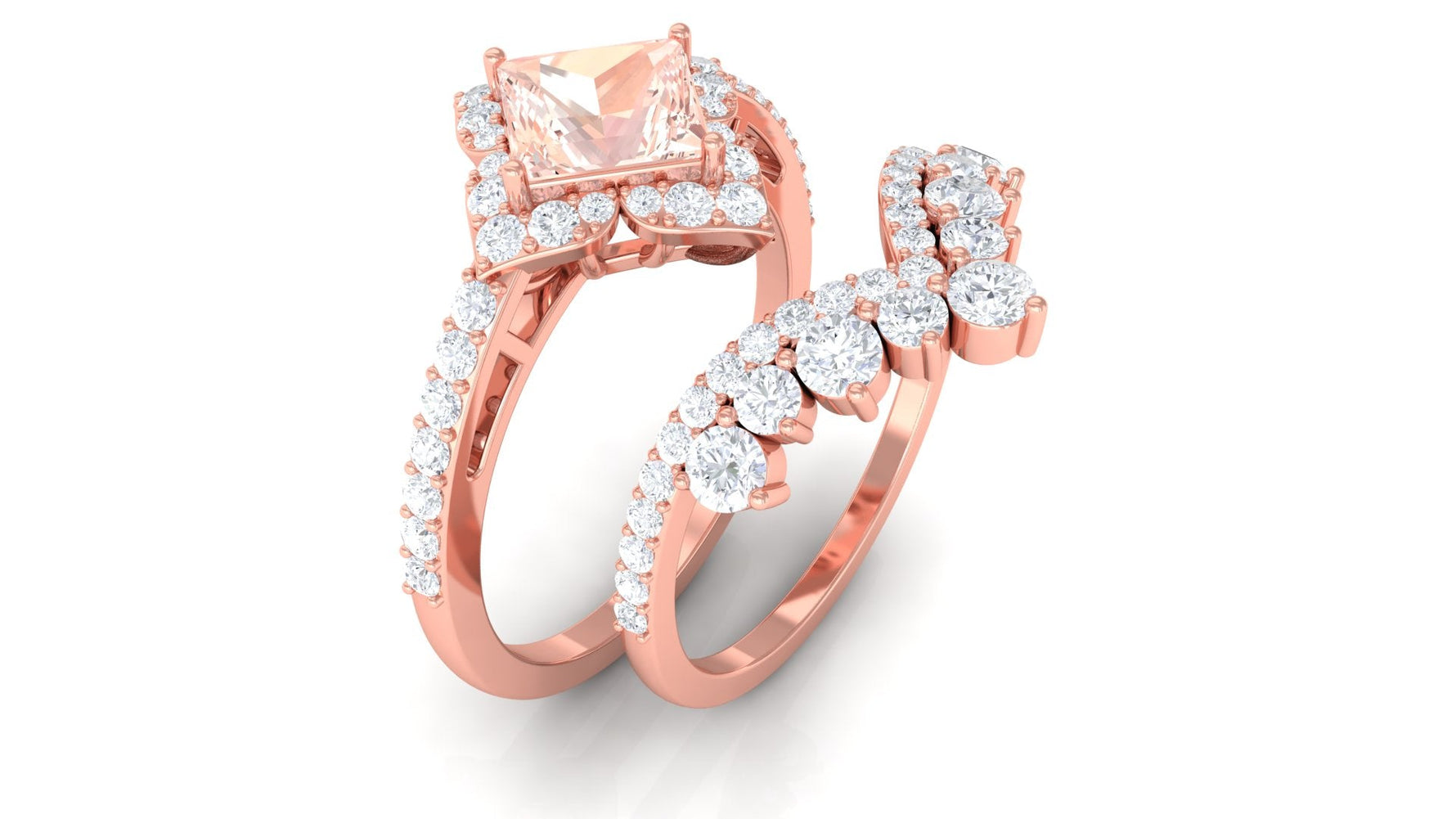 2.5 CT Morganite and Moissanite Statement Wedding Ring Set