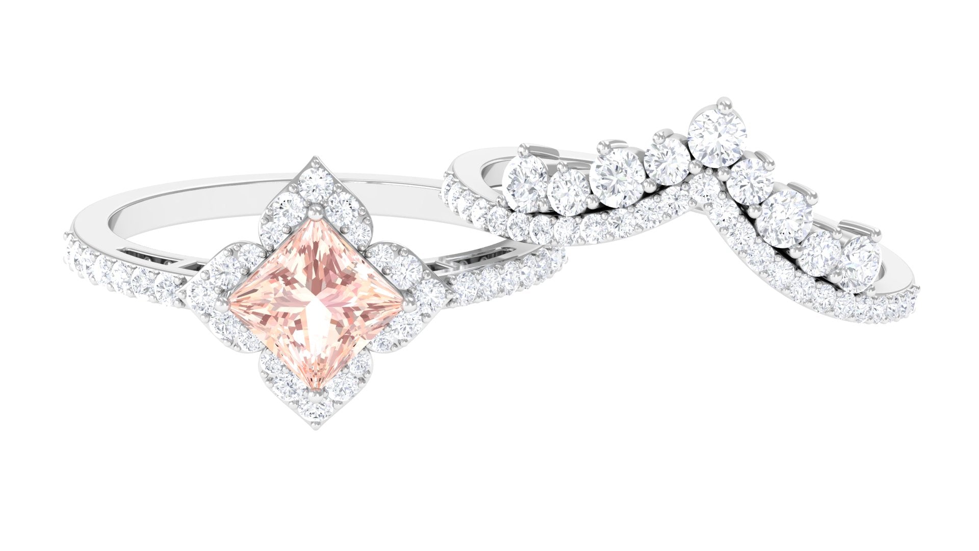 2.5 CT Morganite and Moissanite Statement Wedding Ring Set