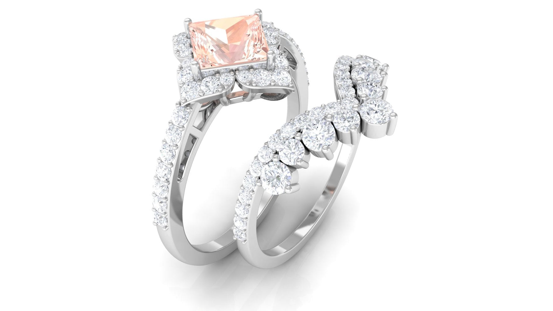 2.5 CT Morganite and Moissanite Statement Wedding Ring Set