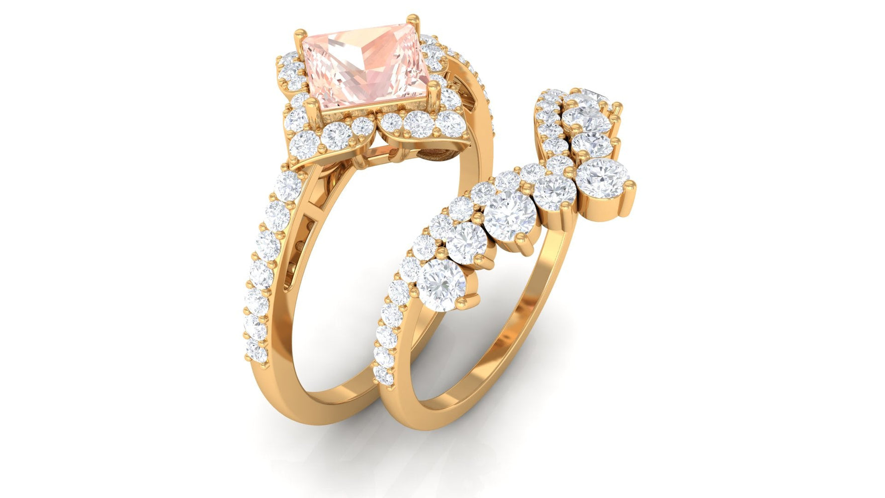2.5 CT Morganite and Moissanite Statement Wedding Ring Set
