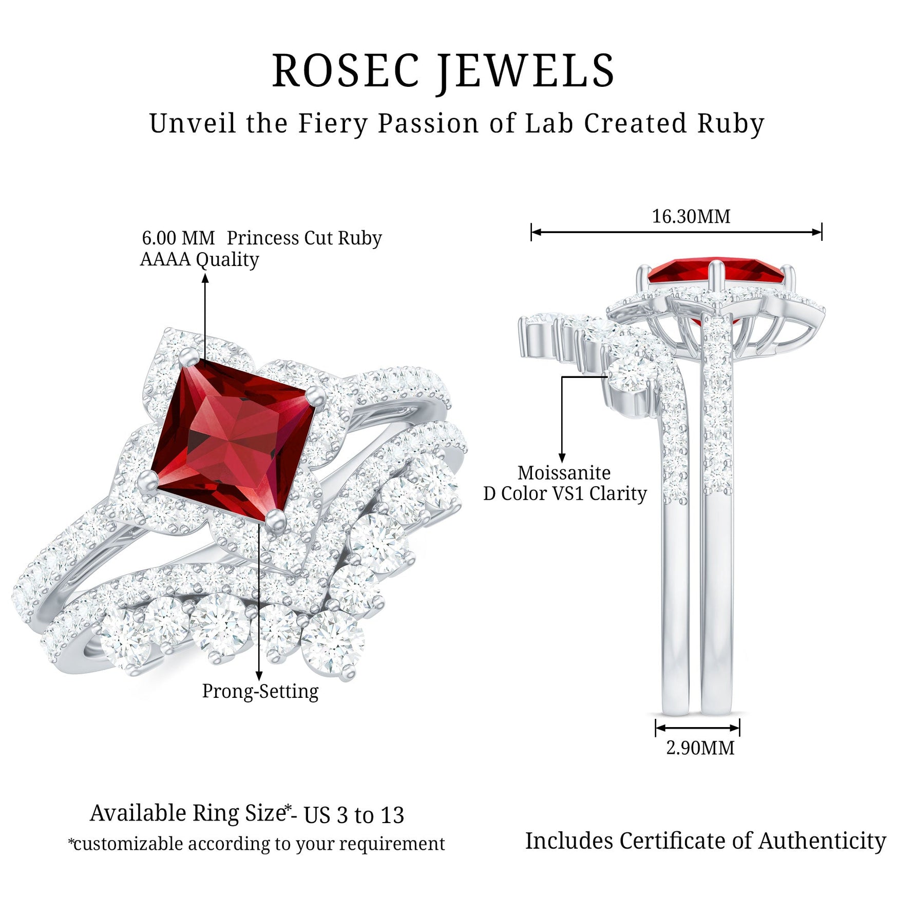 3.25 CT Designer Created Ruby and Moissanite Wedding Ring Set