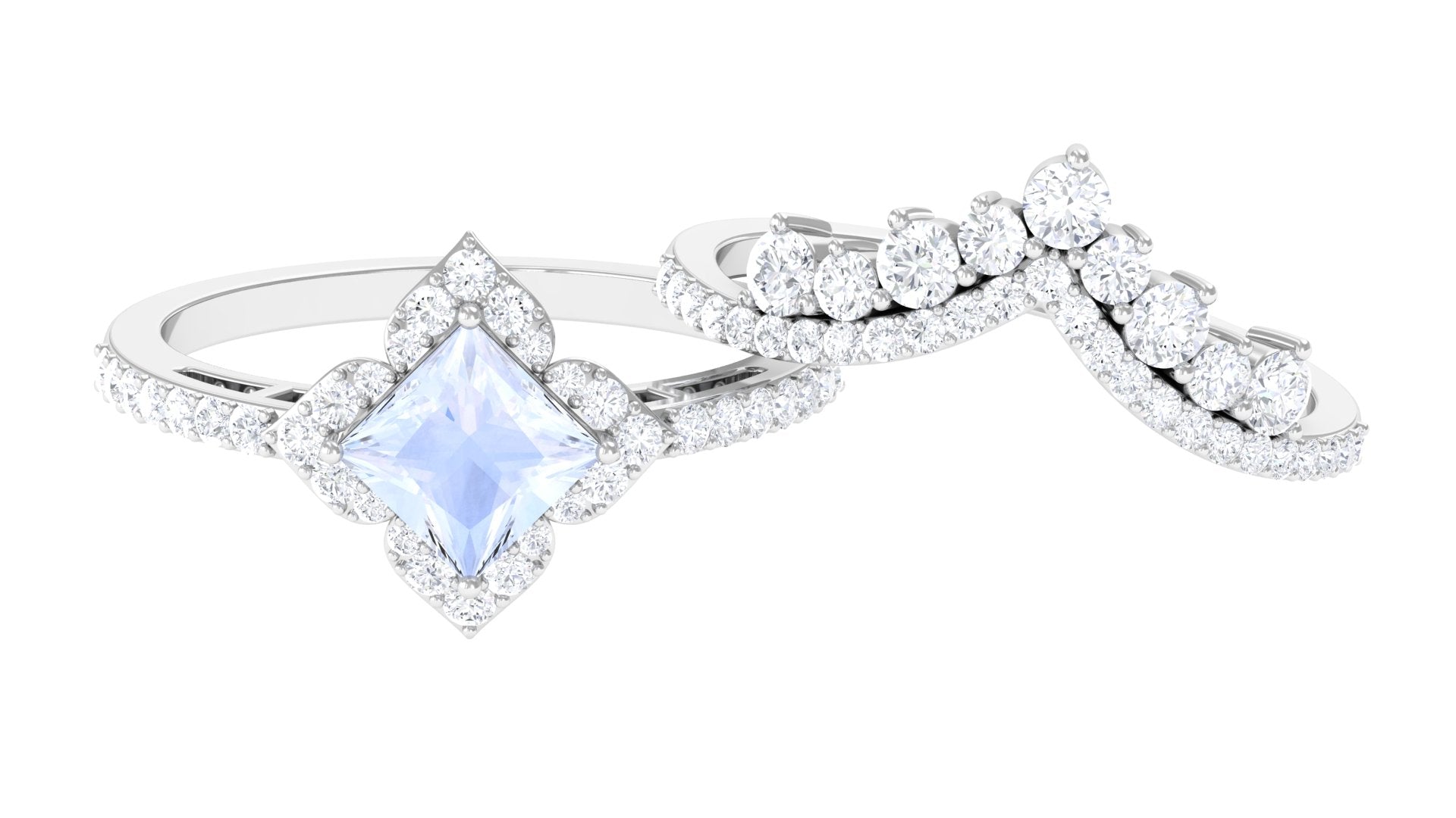 Moonstone and Moissanite Statement Wedding Ring Set