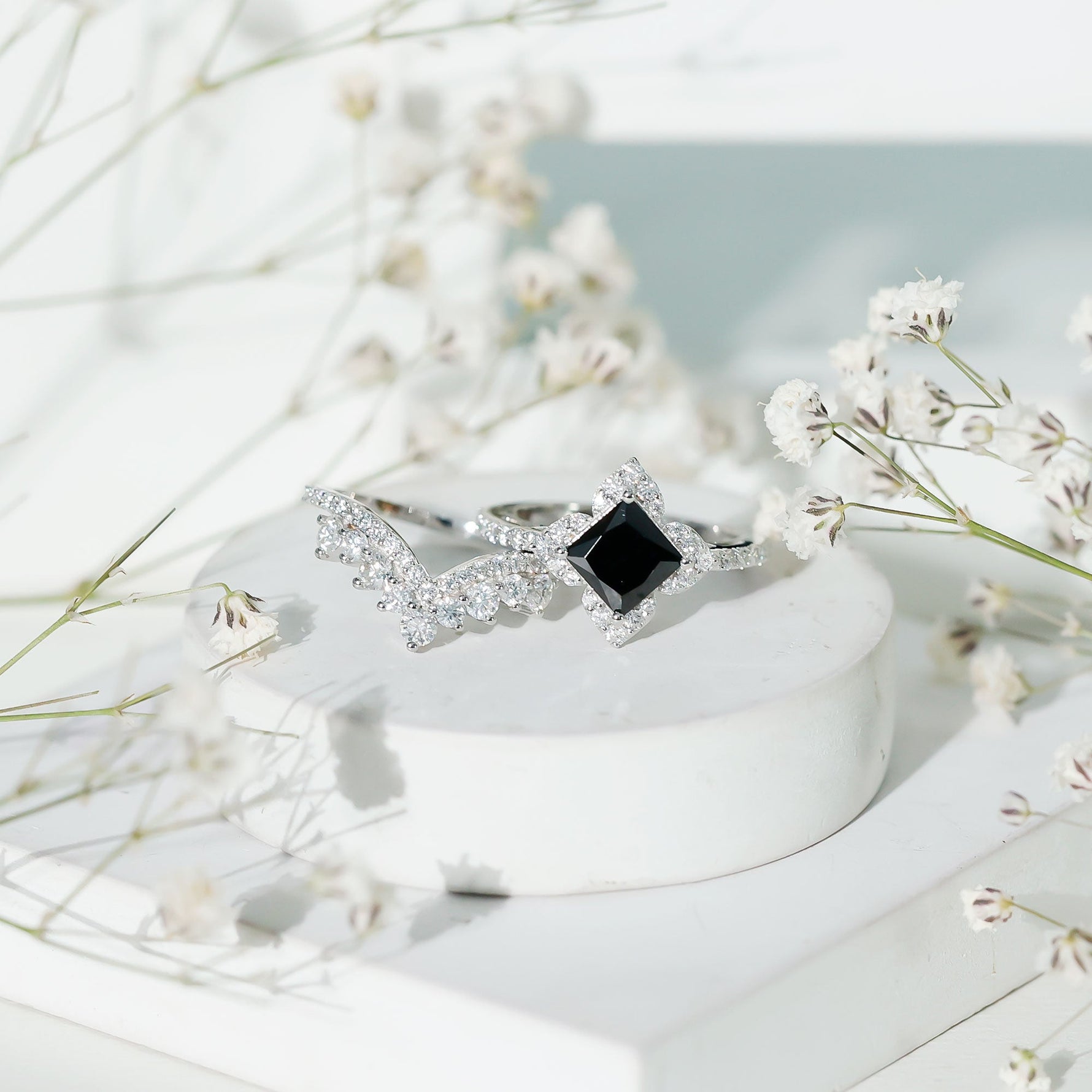 2.25 CT Black Onyx and Moissanite Statement Wedding Ring Set