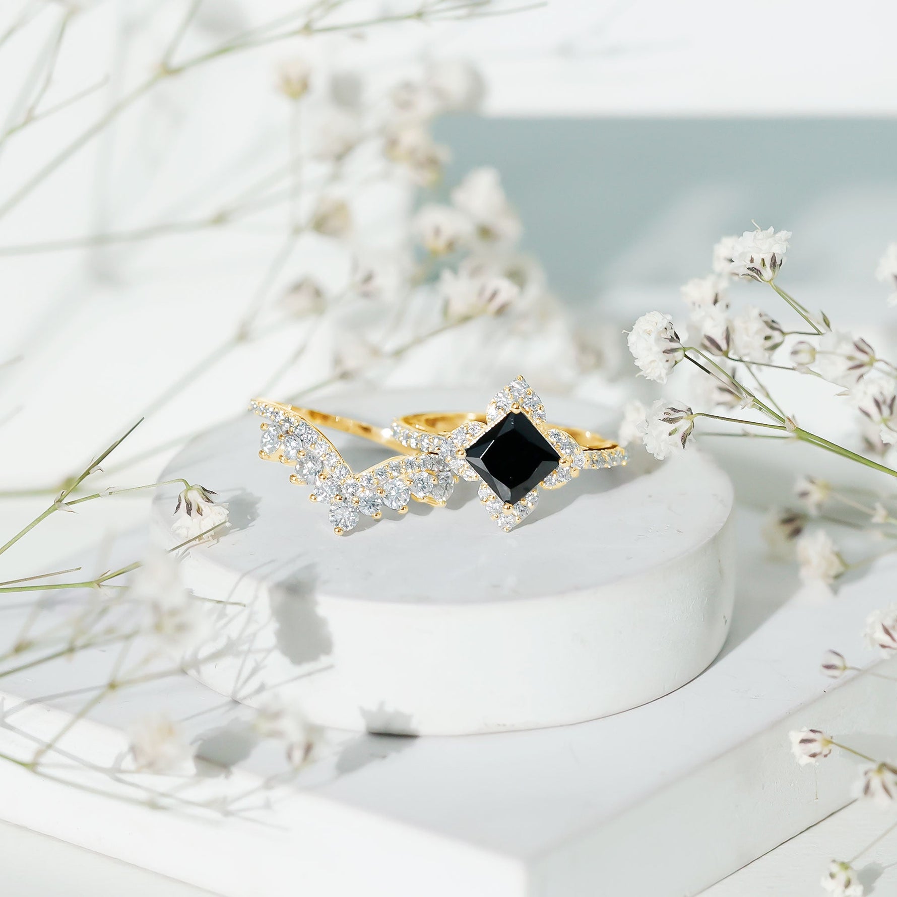 2.25 CT Black Onyx and Moissanite Statement Wedding Ring Set