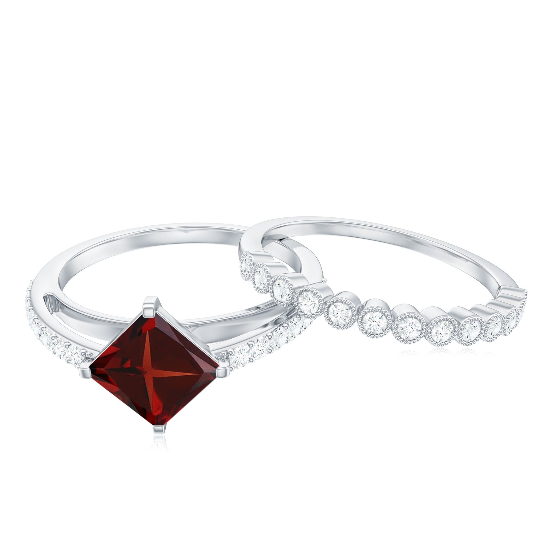 Princess Cut Garnet and Diamond Wedding Ring Set for Women