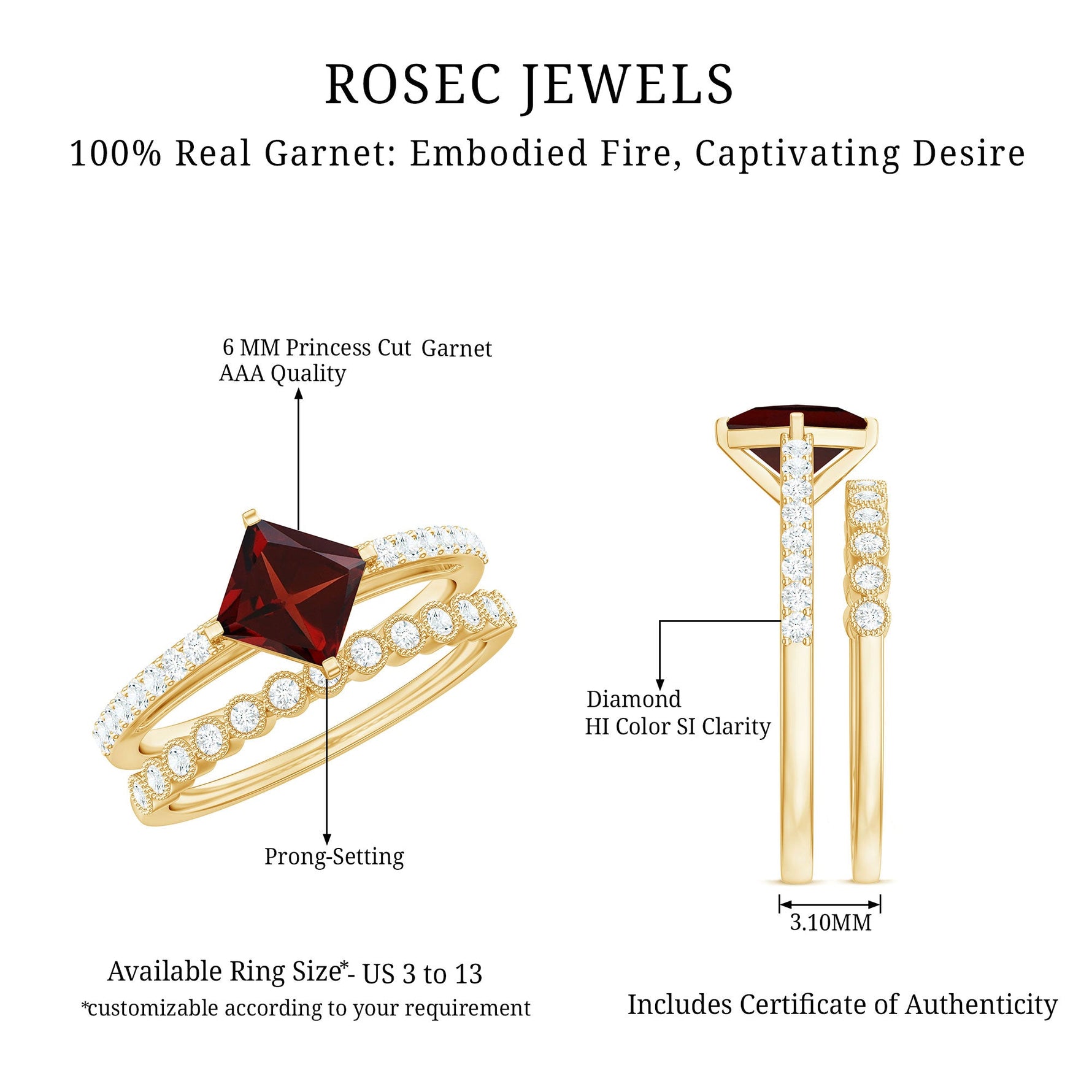 Princess Cut Garnet and Diamond Wedding Ring Set for Women
