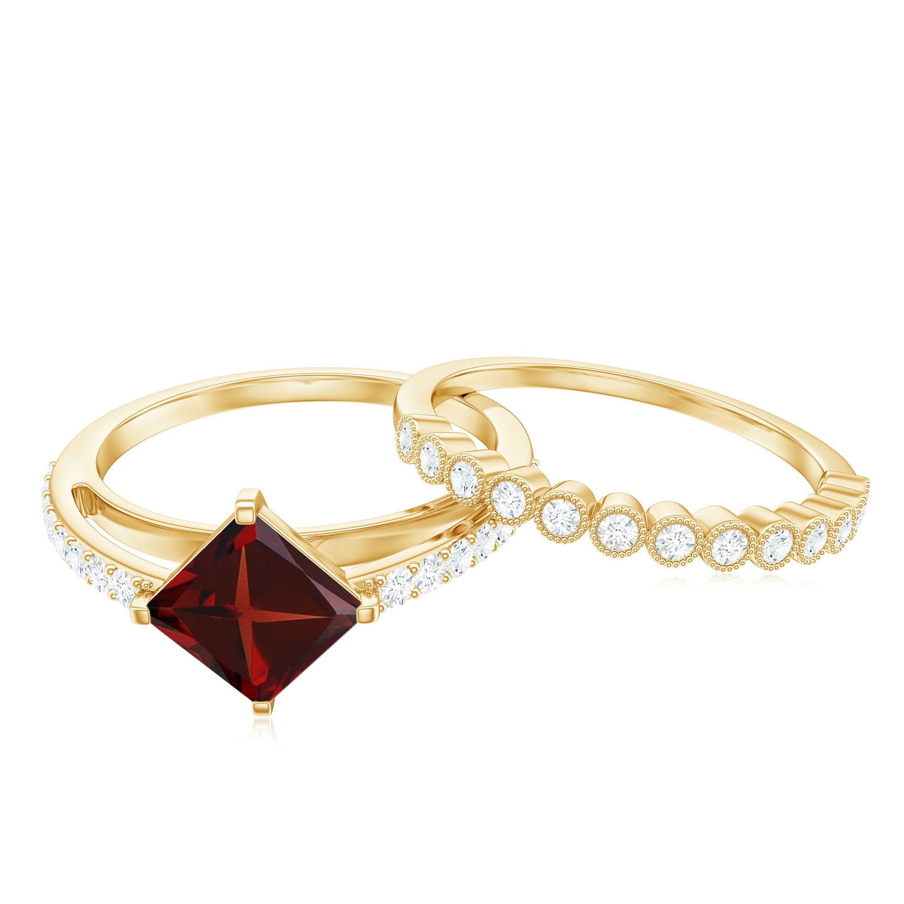 Princess Cut Garnet and Diamond Wedding Ring Set for Women