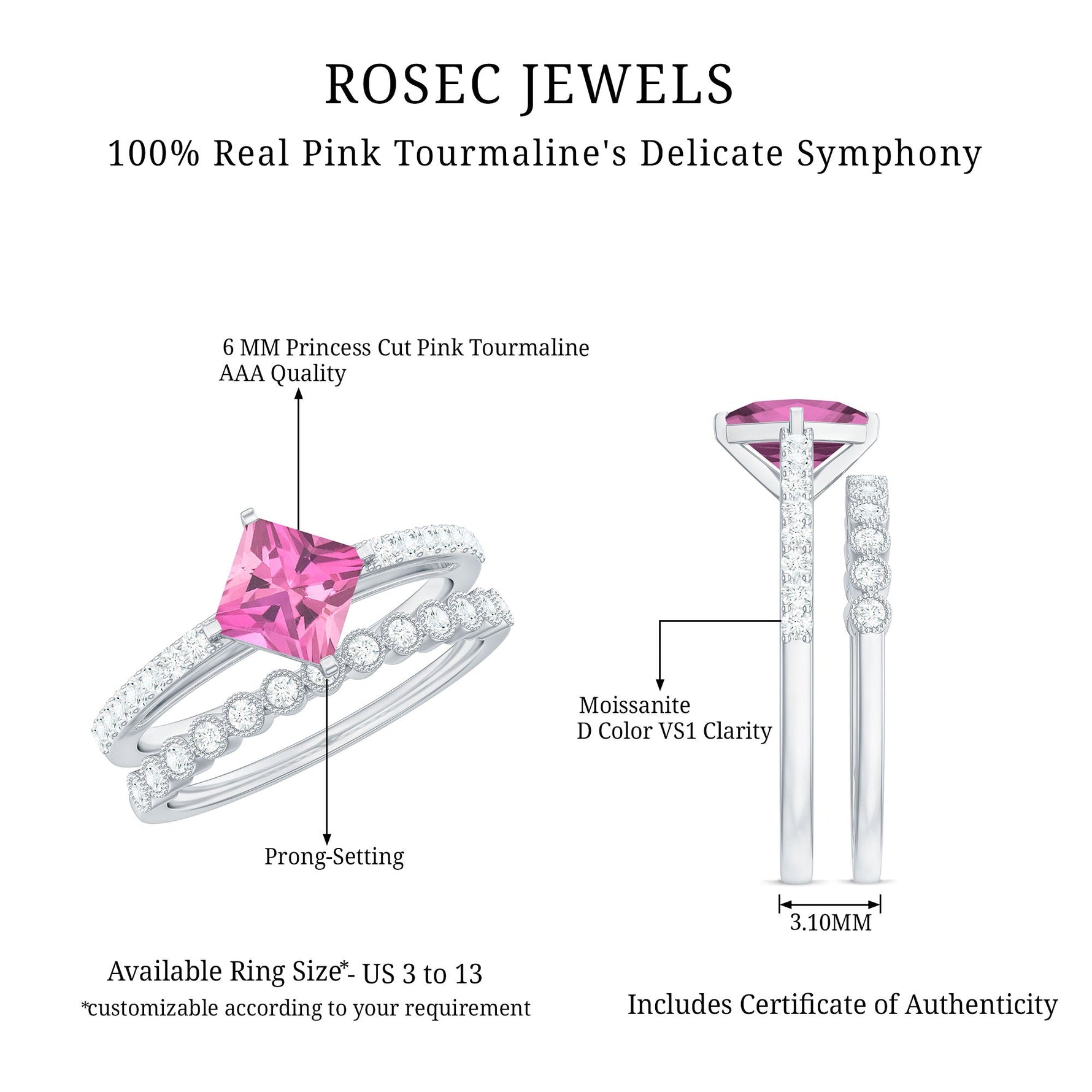 Princess Cut Pink Tourmaline Wedding Ring Set with Moissanite