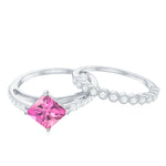 Princess Cut Pink Tourmaline Wedding Ring Set with Moissanite