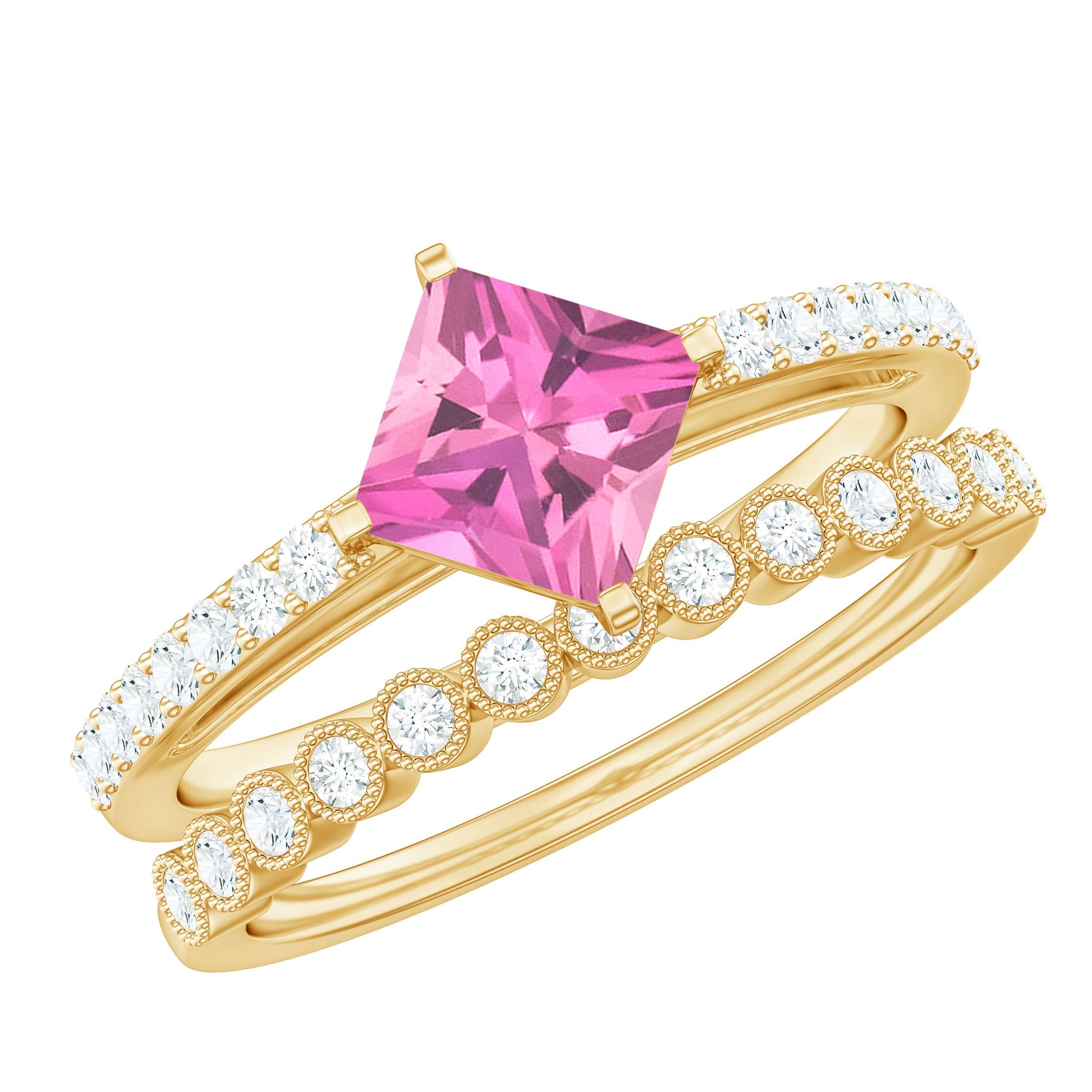 Princess Cut Pink Tourmaline Wedding Ring Set with Moissanite