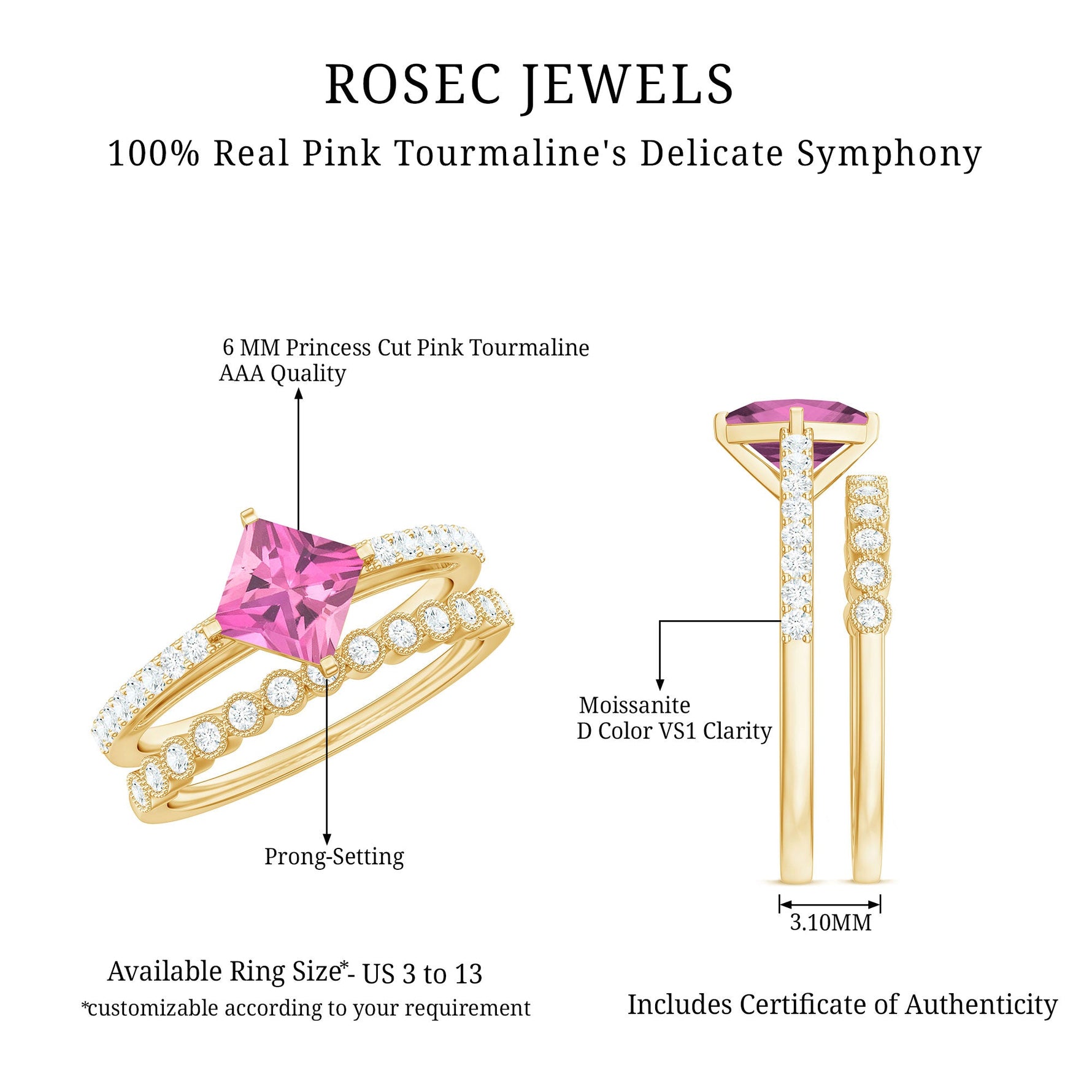 Princess Cut Pink Tourmaline Wedding Ring Set with Moissanite