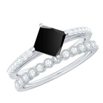 5mm Princess Cut Black Onyx Wedding Rings Set with Diamond Band