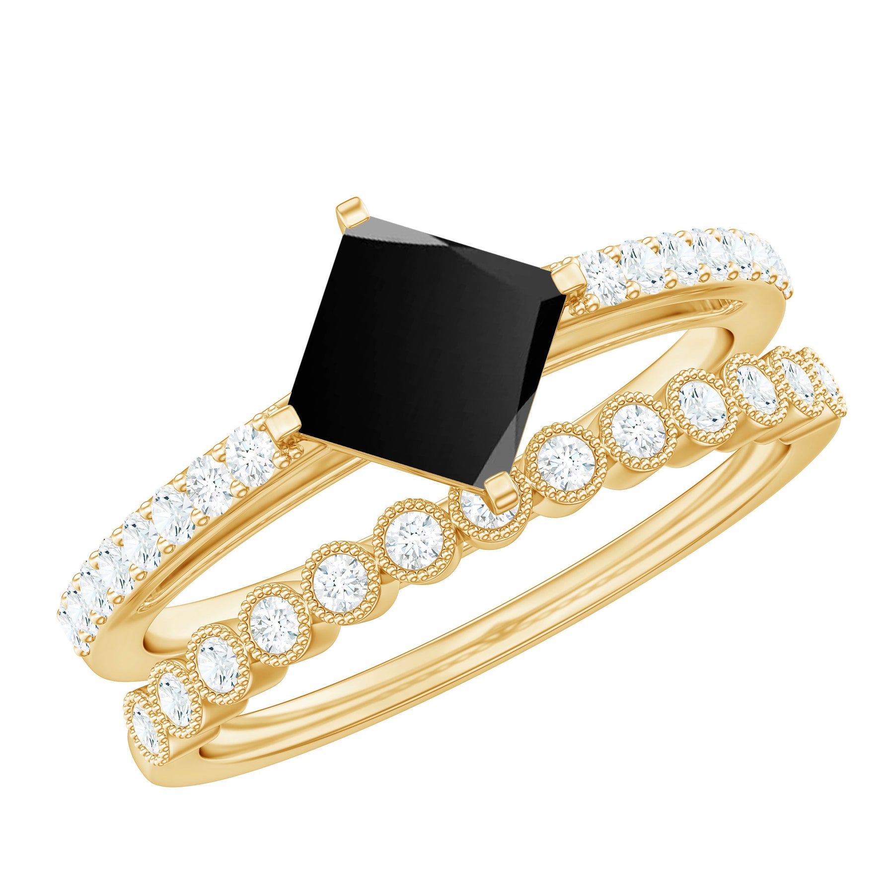 5mm Princess Cut Black Onyx Wedding Rings Set with Diamond Band