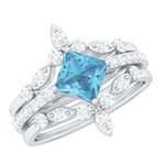 Princess Cut Swiss Blue Topaz and Moissanite Trio Wedding Ring Set