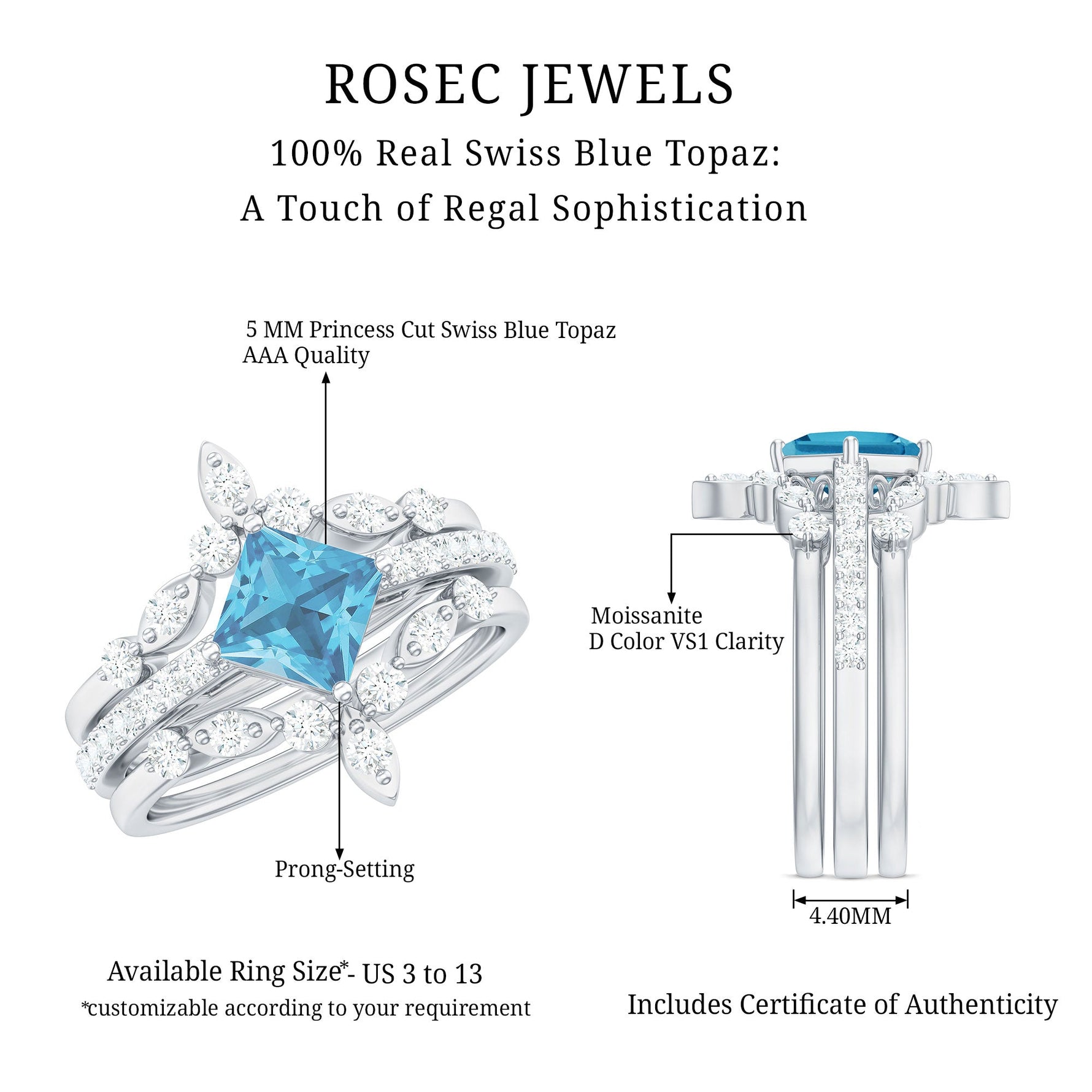 Princess Cut Swiss Blue Topaz and Moissanite Trio Wedding Ring Set