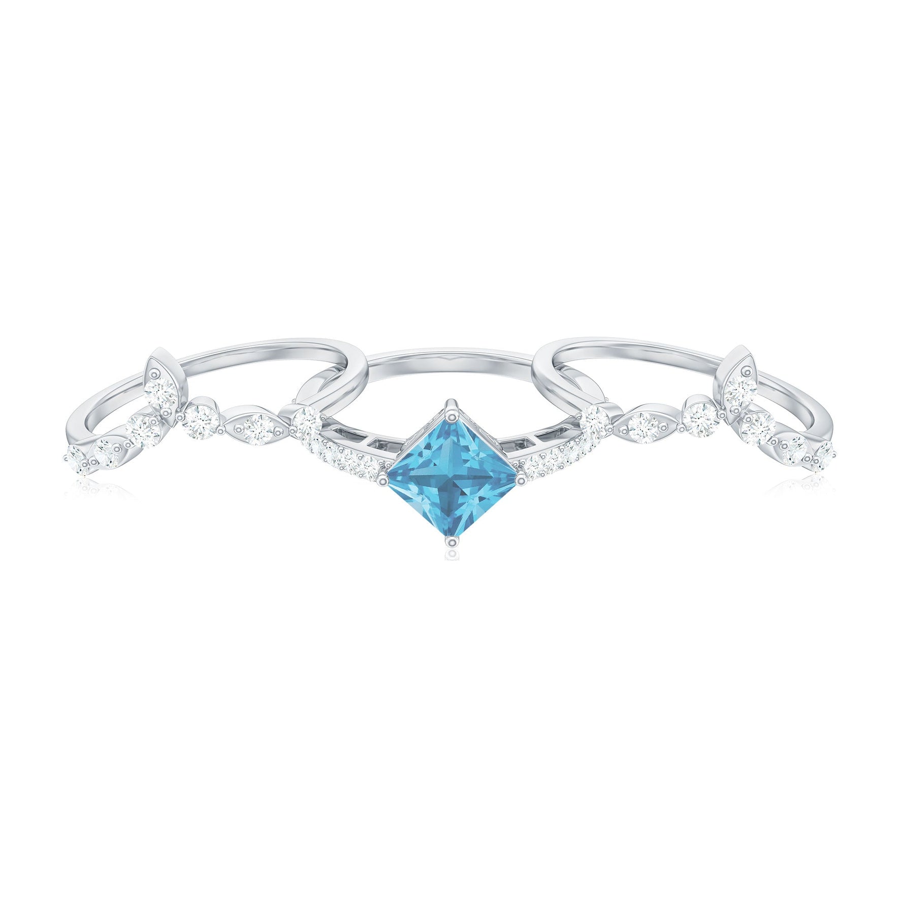 Princess Cut Swiss Blue Topaz and Moissanite Trio Wedding Ring Set