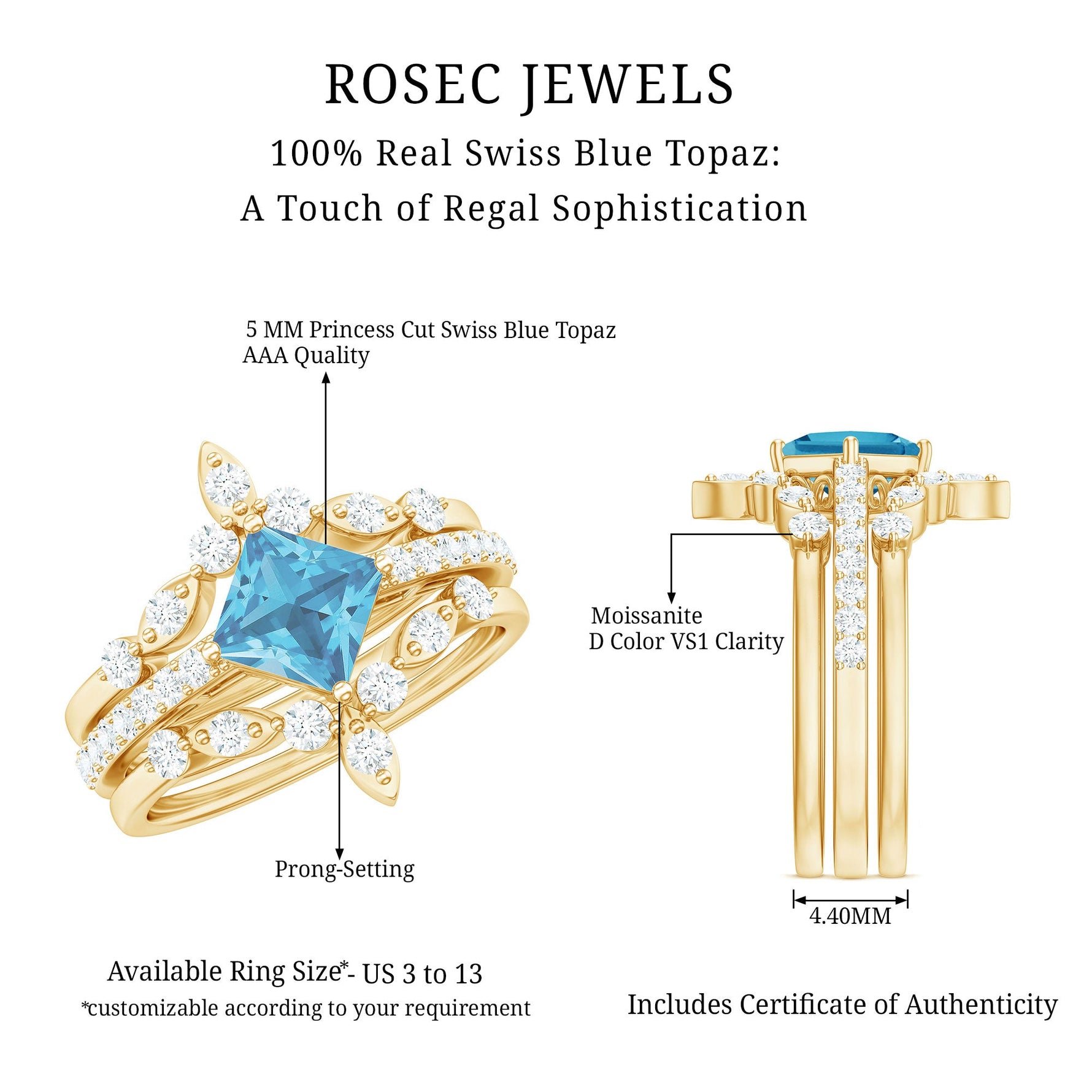 Princess Cut Swiss Blue Topaz and Moissanite Trio Wedding Ring Set