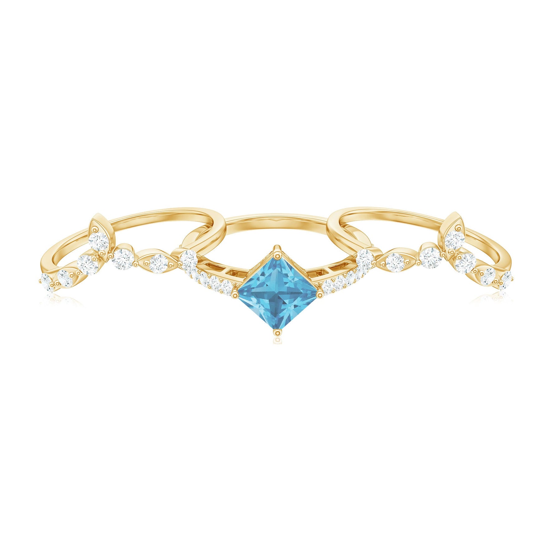 Princess Cut Swiss Blue Topaz and Moissanite Trio Wedding Ring Set