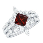 Vintage Looking Princess Cut Garnet 3 Piece Wedding Ring Set