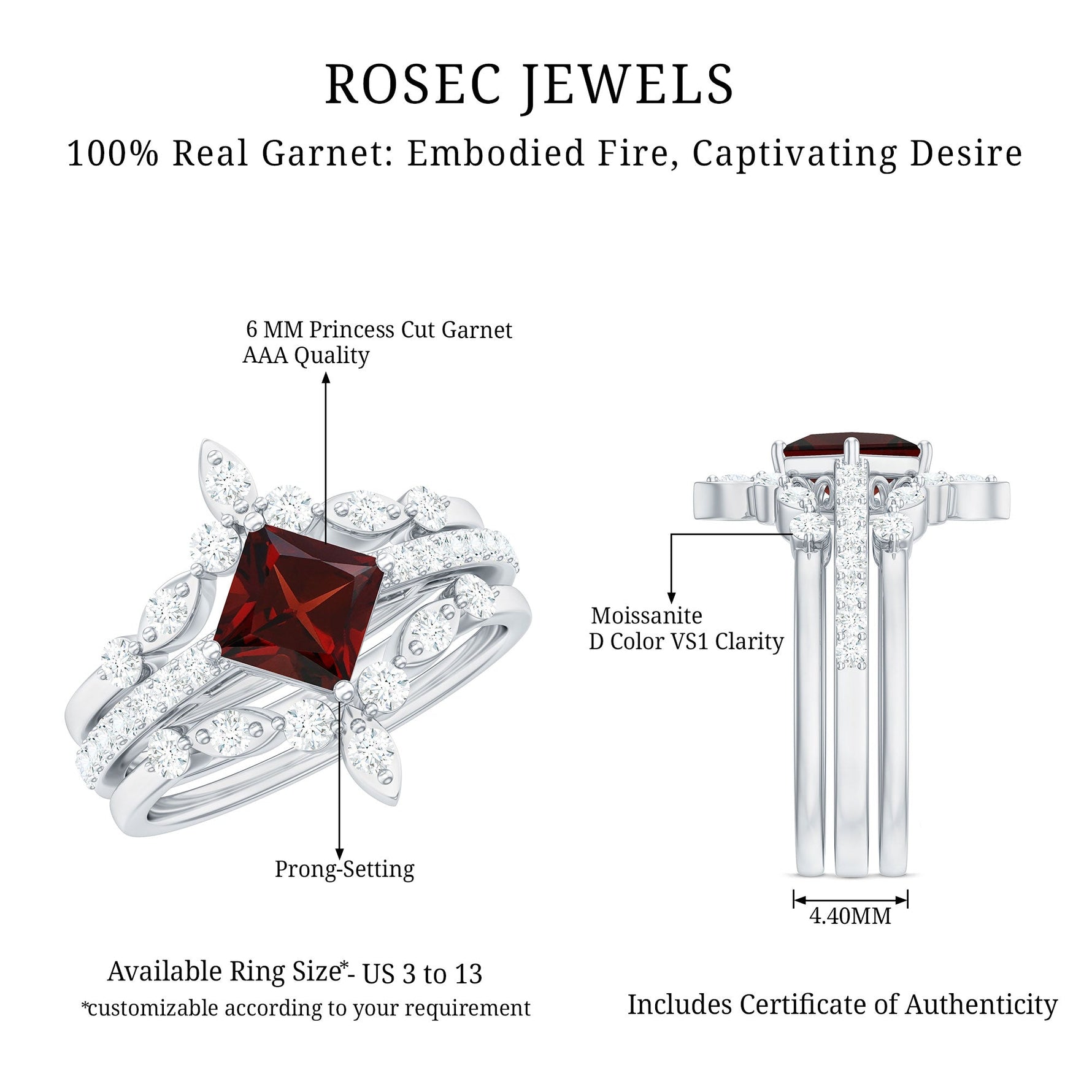 Vintage Looking Princess Cut Garnet 3 Piece Wedding Ring Set