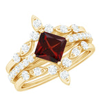 Vintage Looking Princess Cut Garnet 3 Piece Wedding Ring Set
