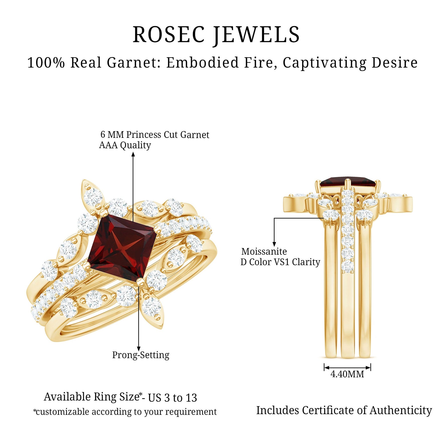 Vintage Looking Princess Cut Garnet 3 Piece Wedding Ring Set
