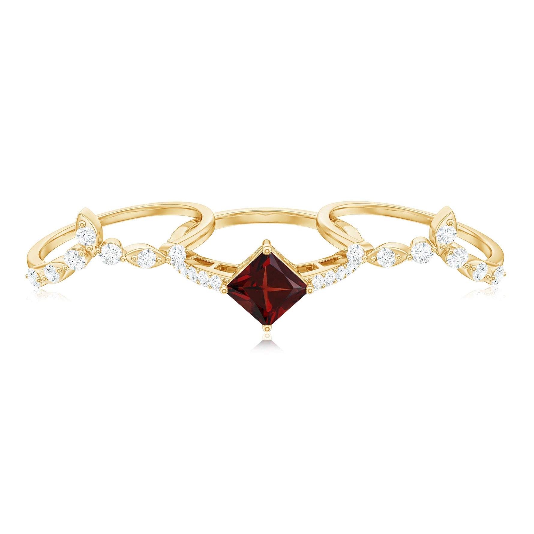 Vintage Looking Princess Cut Garnet 3 Piece Wedding Ring Set