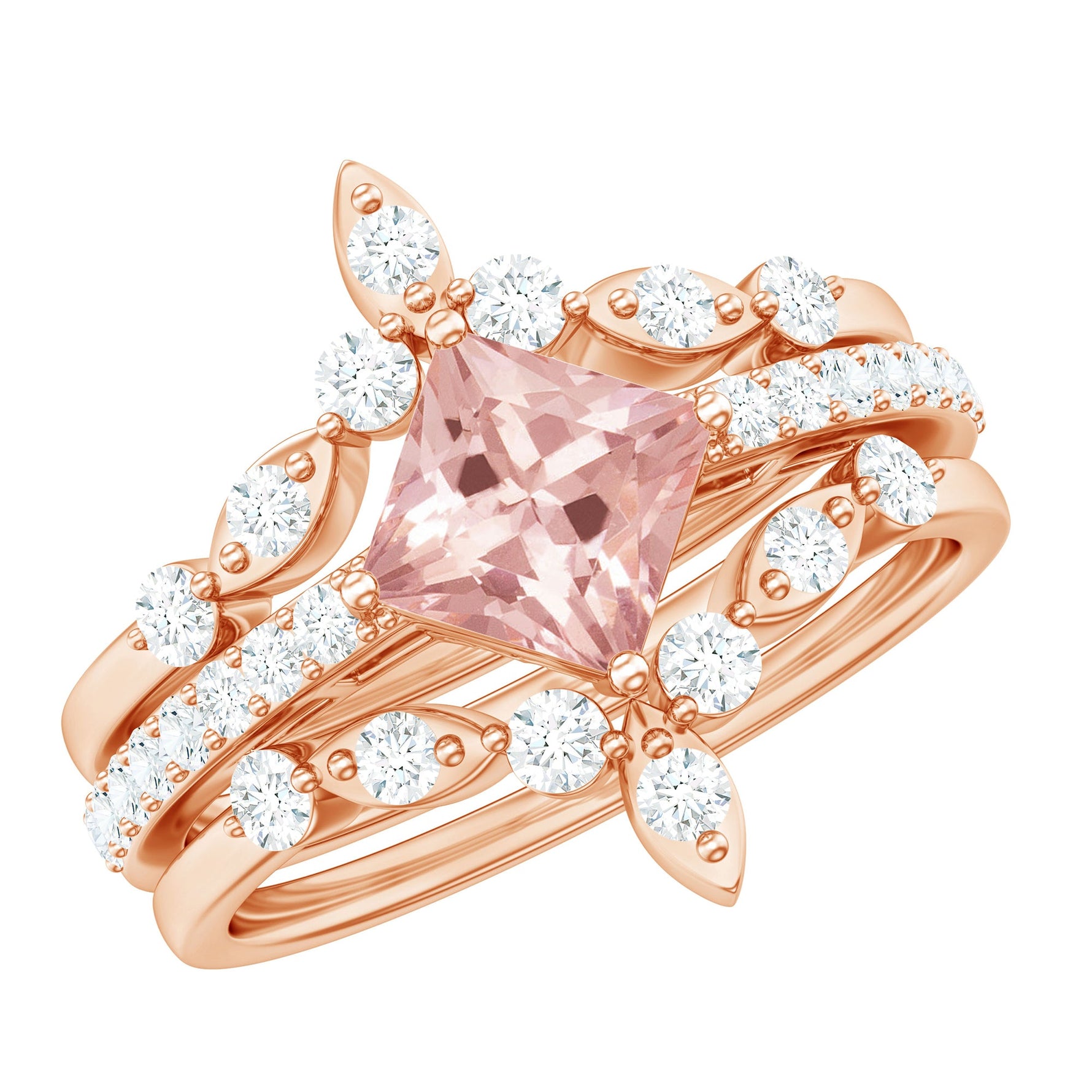 1.75 CT Princess Cut Morganite and Moissanite Trio Wedding Ring Set