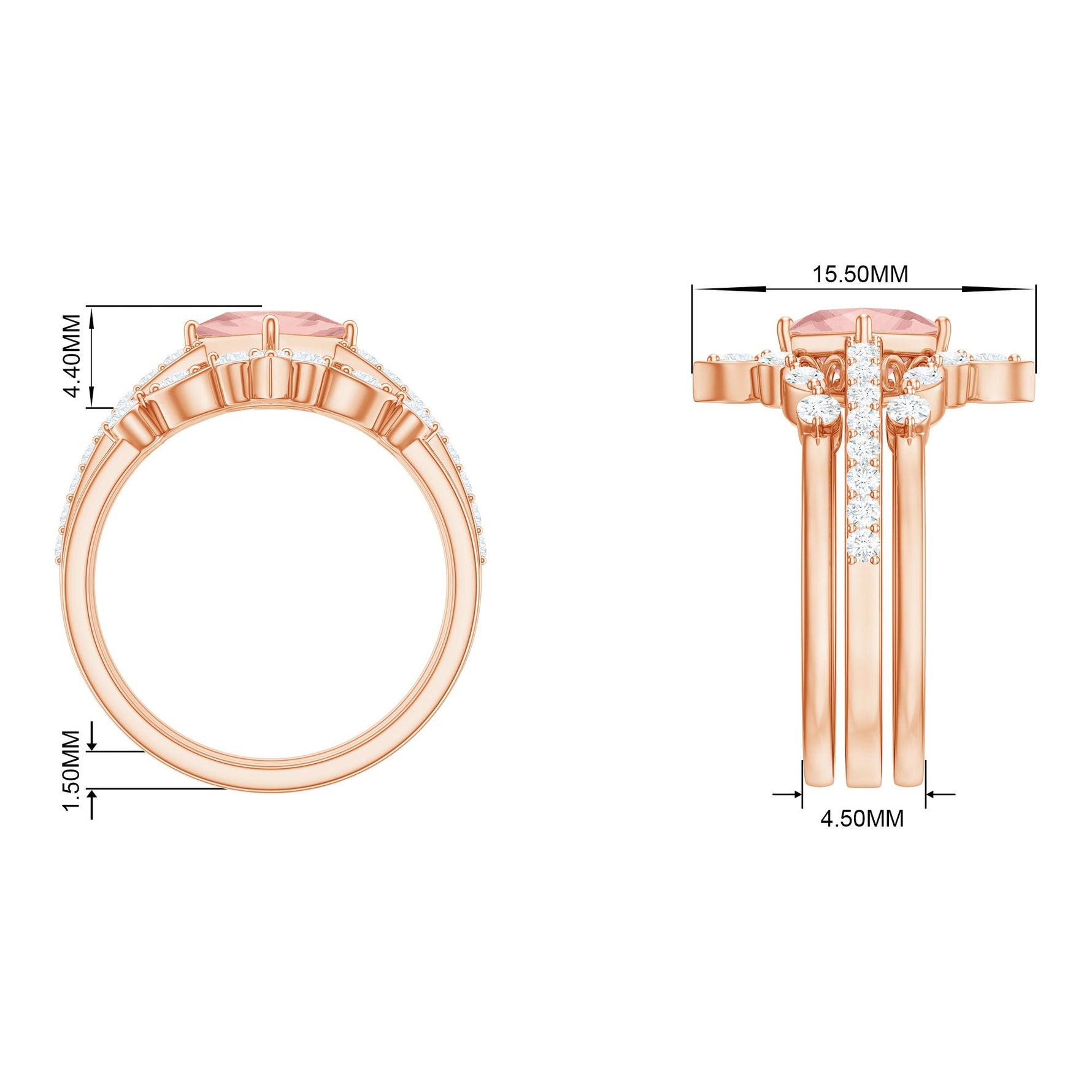 1.75 CT Princess Cut Morganite and Moissanite Trio Wedding Ring Set