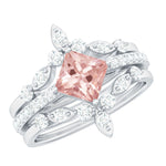 1.75 CT Princess Cut Morganite and Moissanite Trio Wedding Ring Set