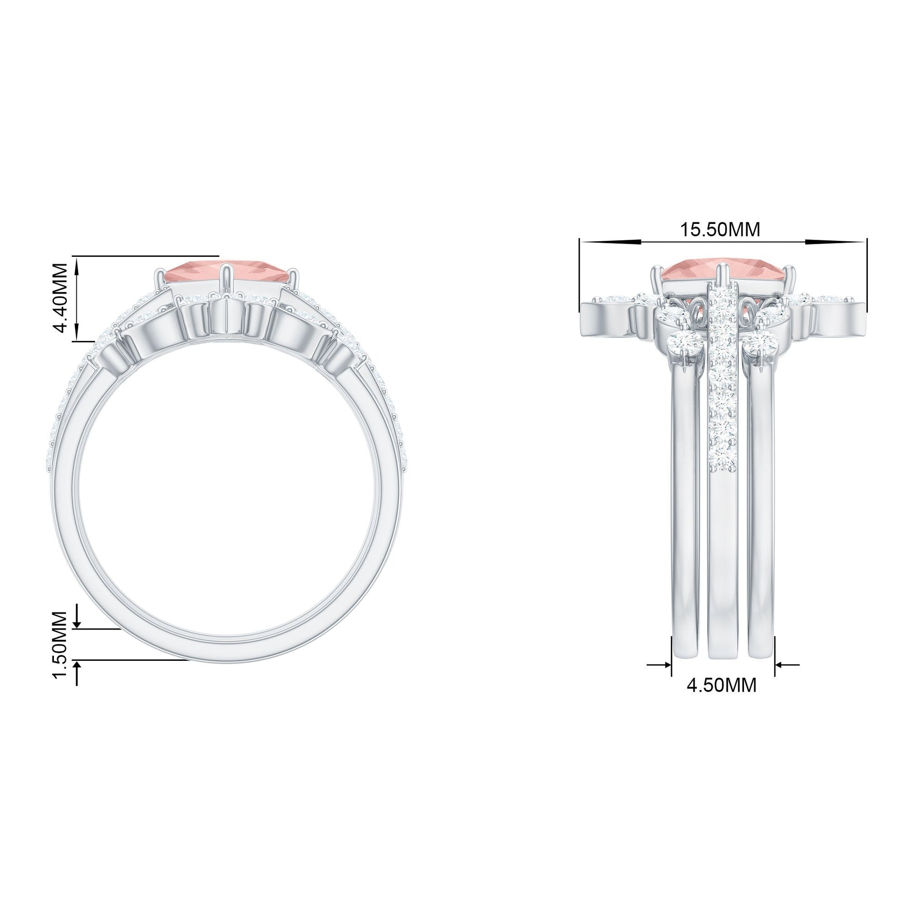1.75 CT Princess Cut Morganite and Moissanite Trio Wedding Ring Set