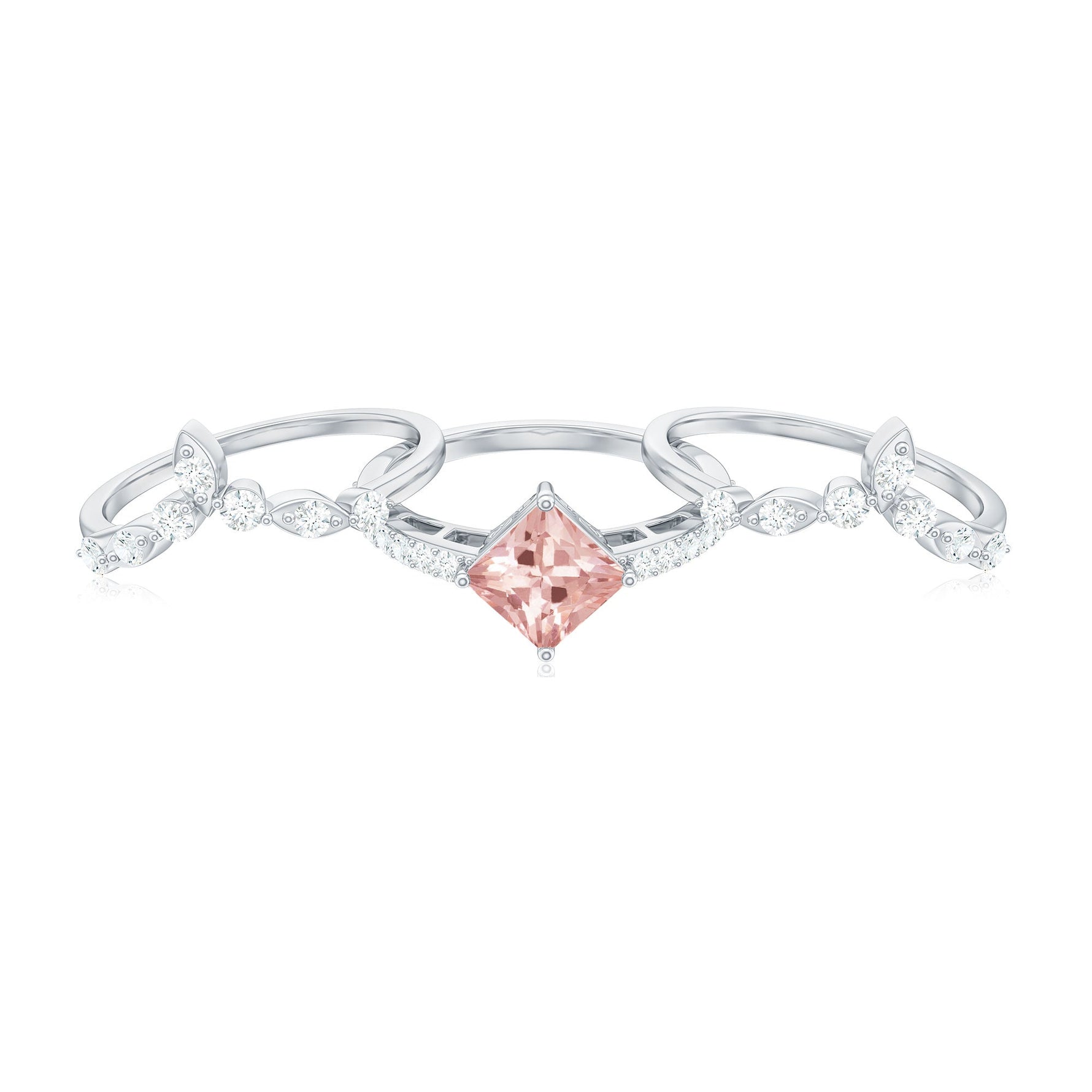 1.75 CT Princess Cut Morganite and Moissanite Trio Wedding Ring Set