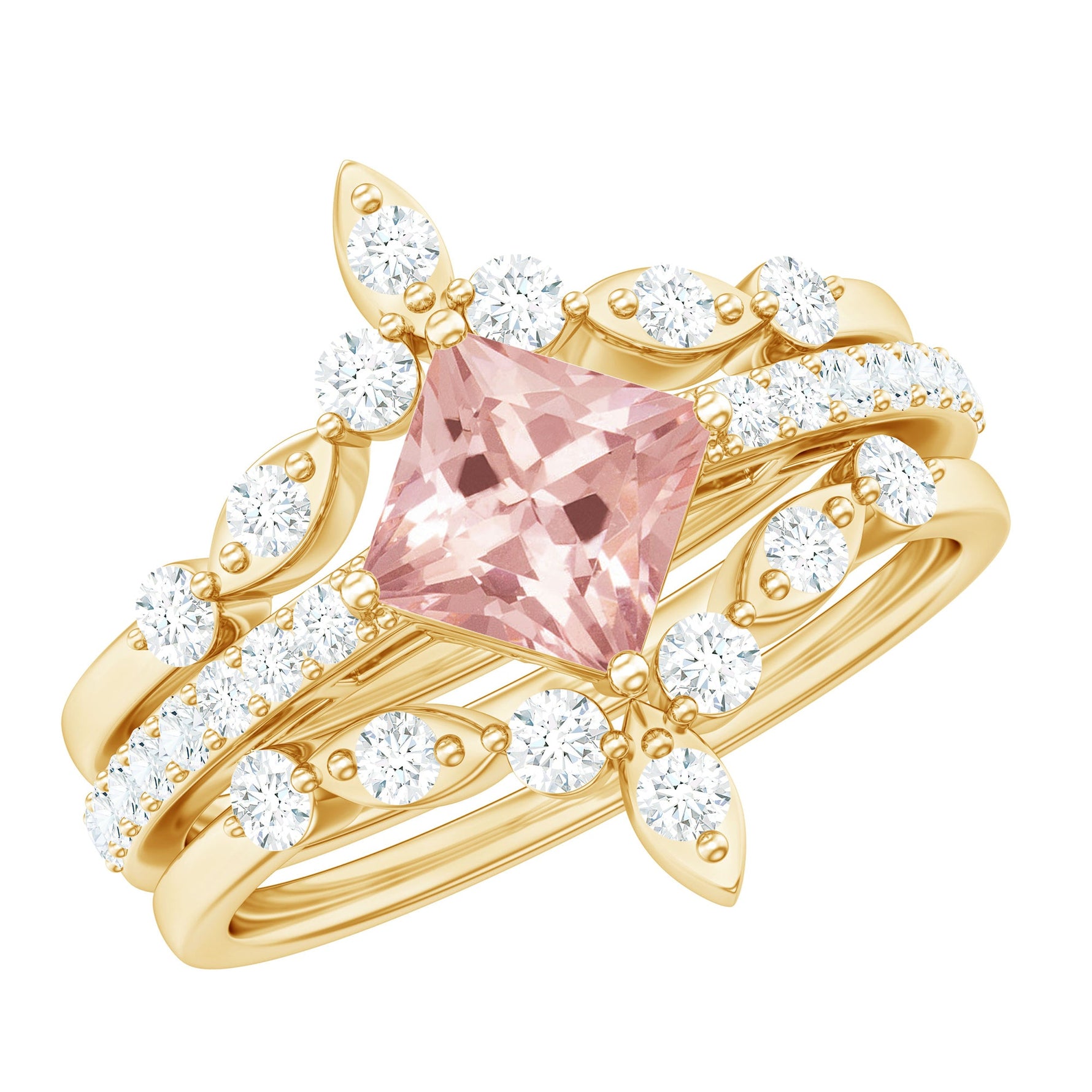 1.75 CT Princess Cut Morganite and Moissanite Trio Wedding Ring Set