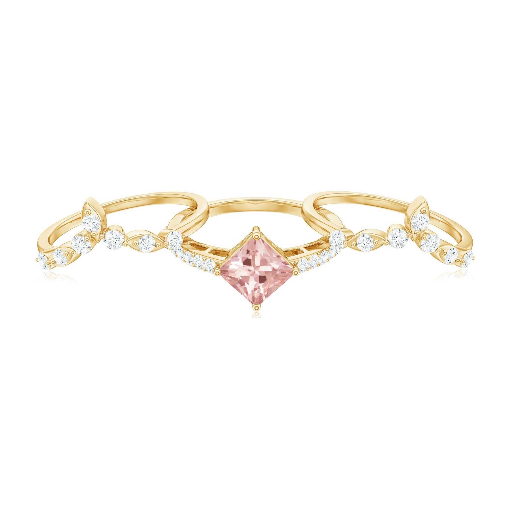 1.75 CT Princess Cut Morganite and Moissanite Trio Wedding Ring Set