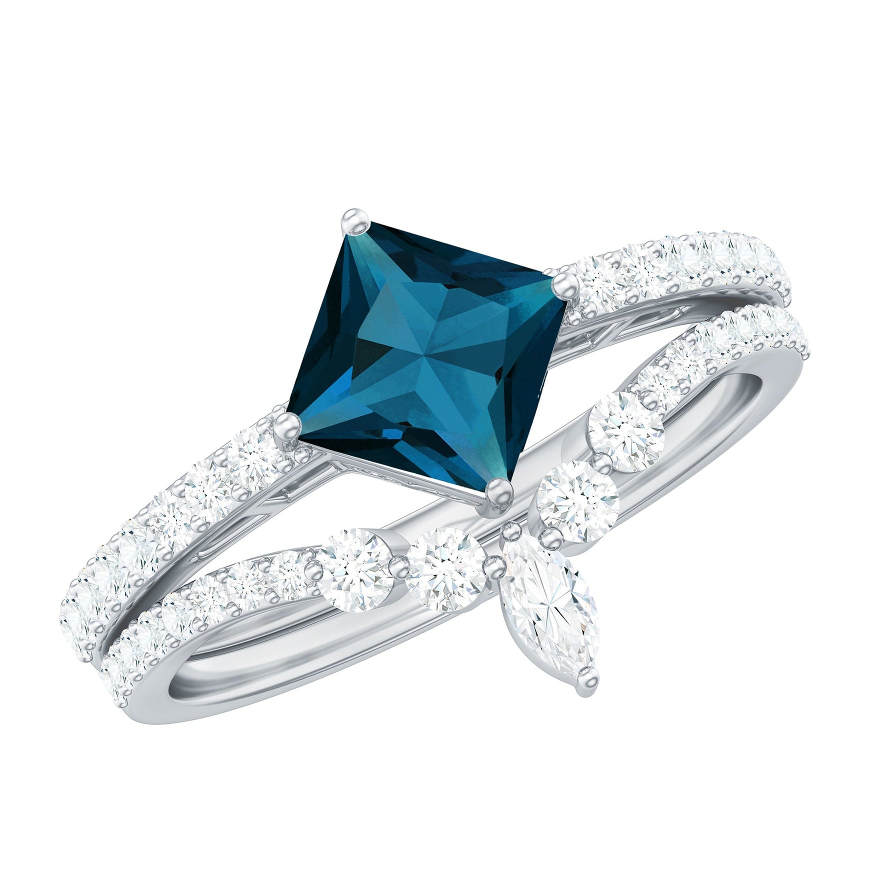6mm Princess Cut London Blue Topaz and Diamond Wedding Ring Set