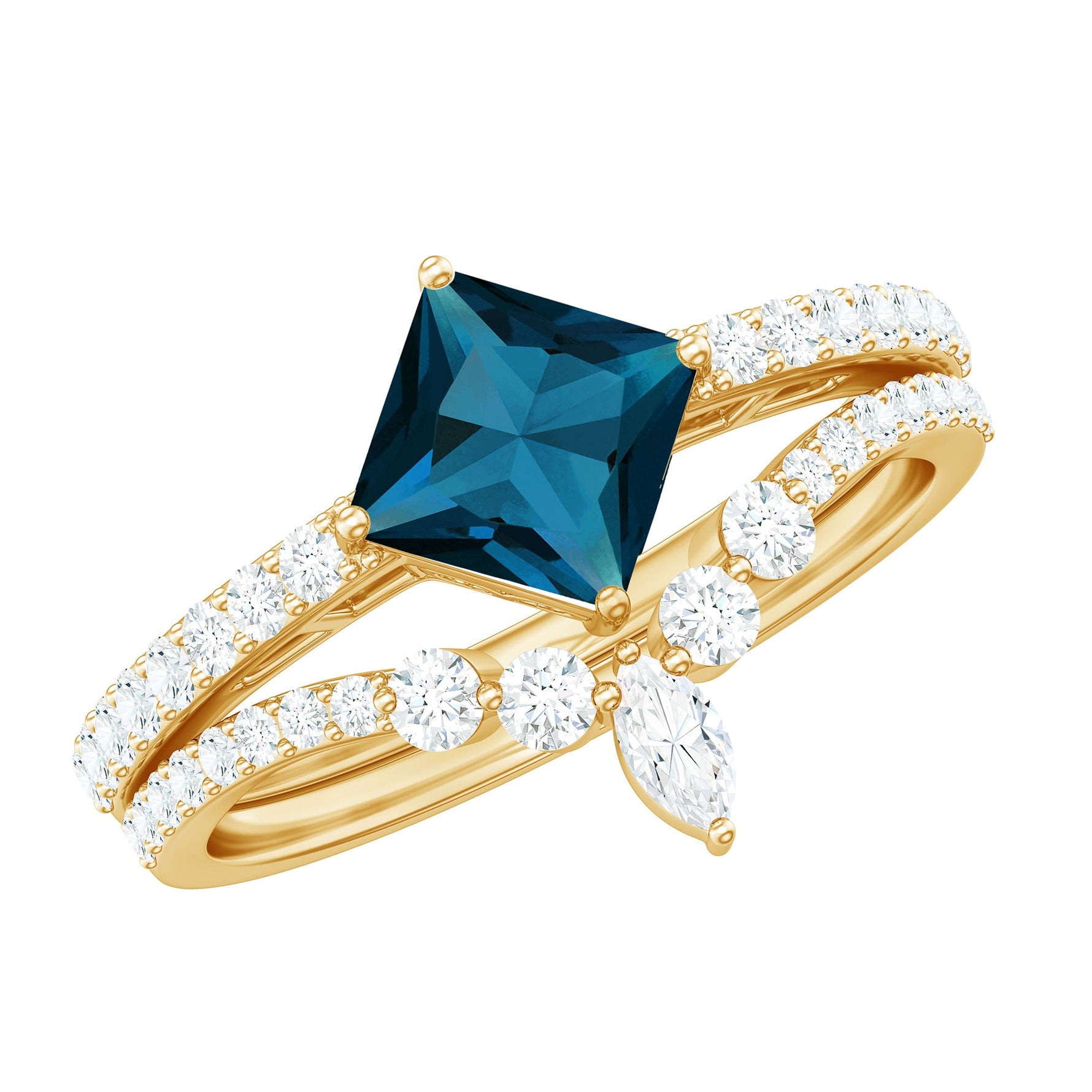 6mm Princess Cut London Blue Topaz and Diamond Wedding Ring Set