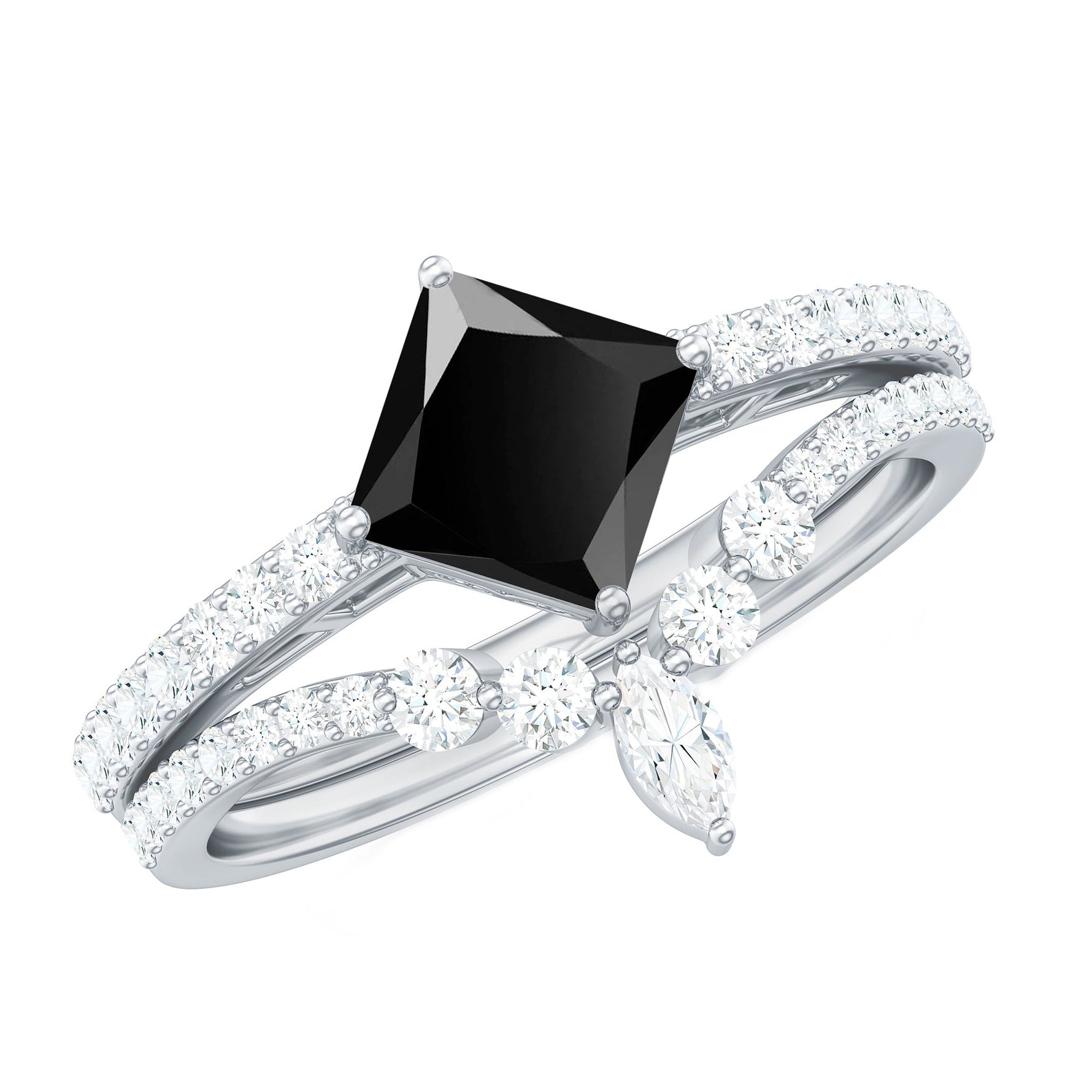 5mm Princess Cut Black Onyx Designer Wedding Rings Set with Moissanite