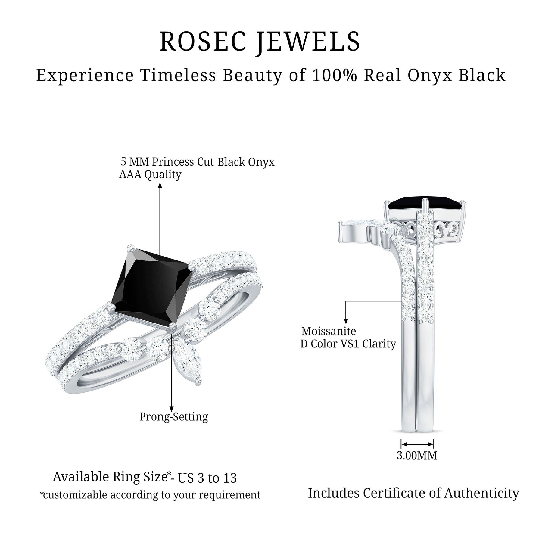 5mm Princess Cut Black Onyx Designer Wedding Rings Set with Moissanite