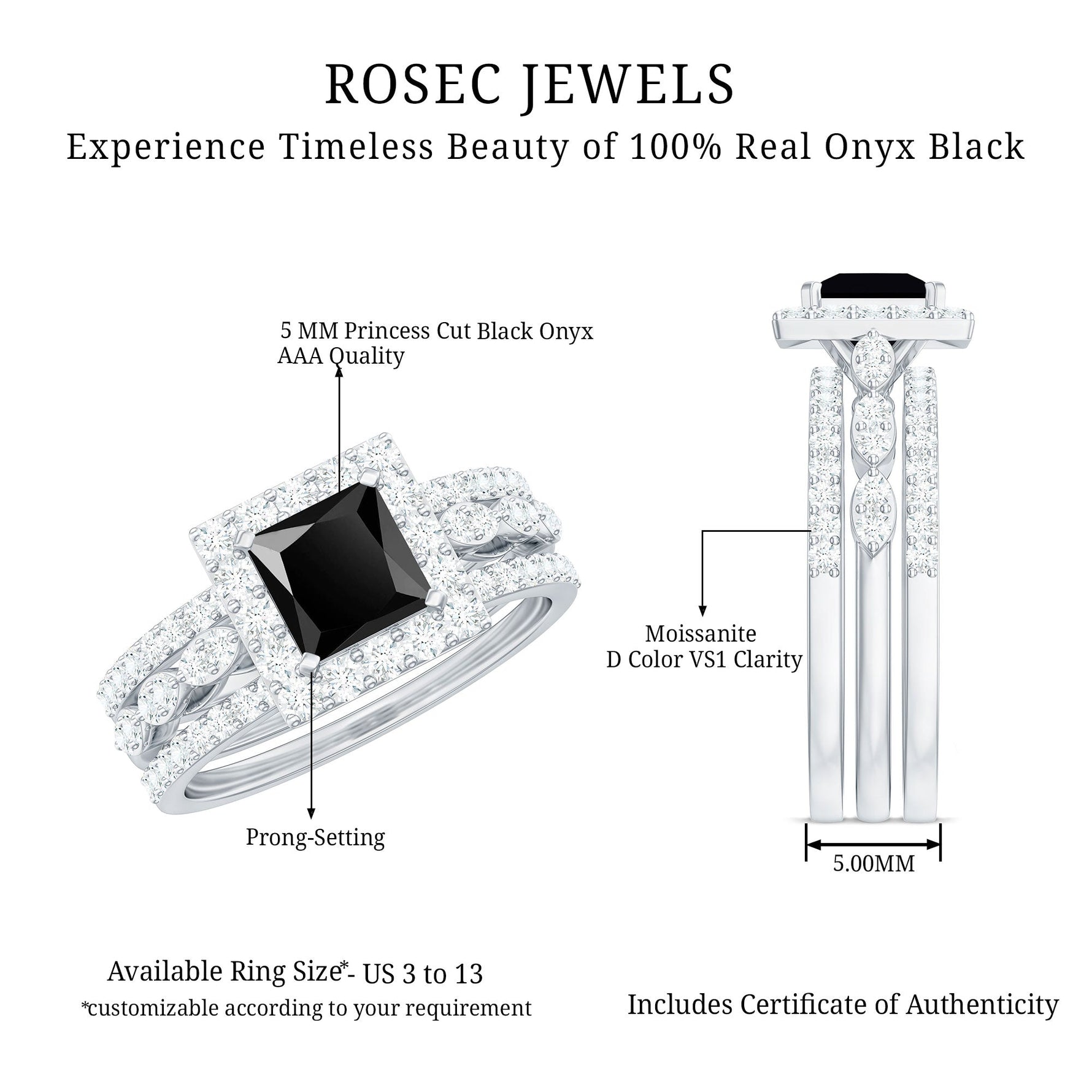 Princess Cut Black Onyx and Moissanite Trio Wedding Ring Set
