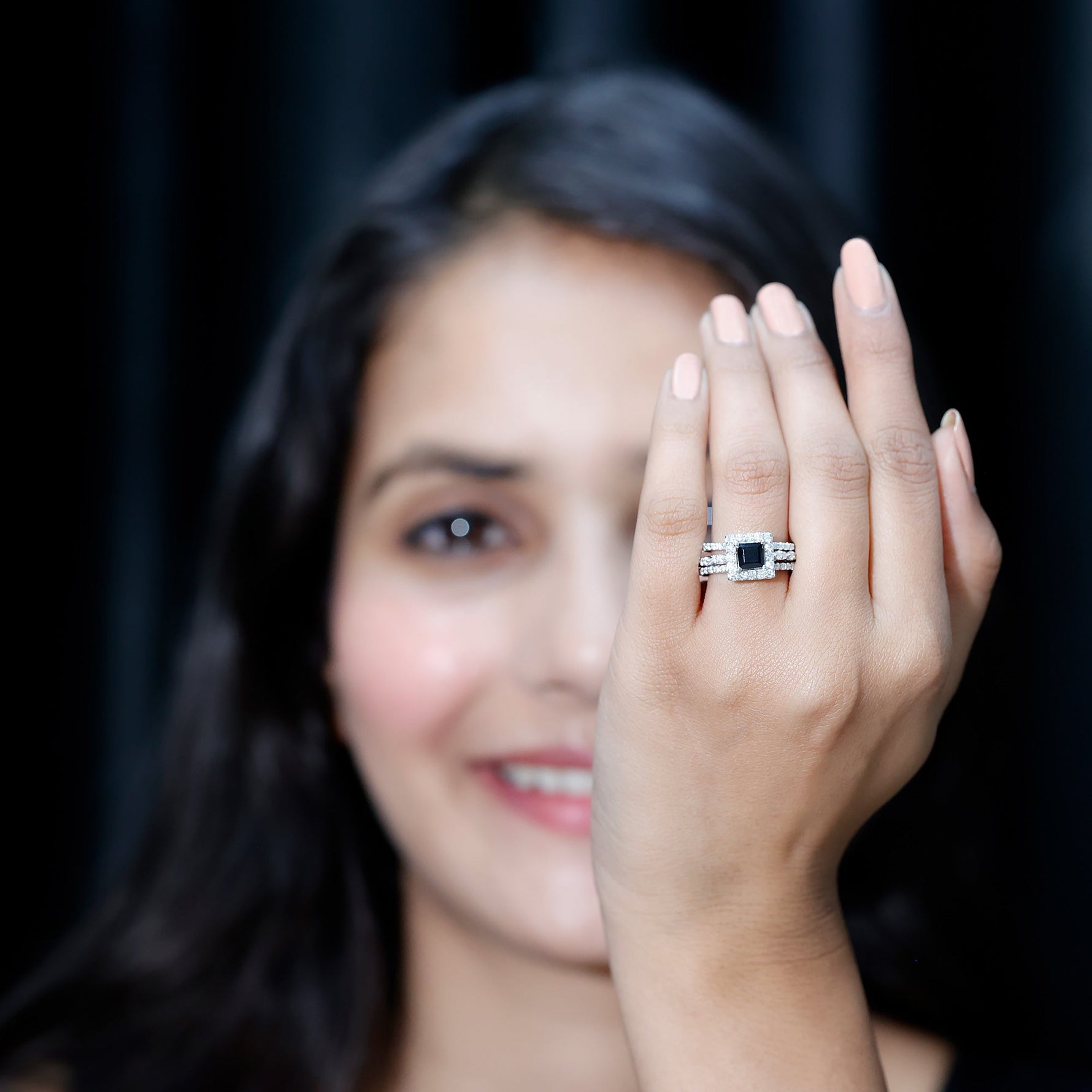 Princess Cut Black Onyx and Moissanite Trio Wedding Ring Set