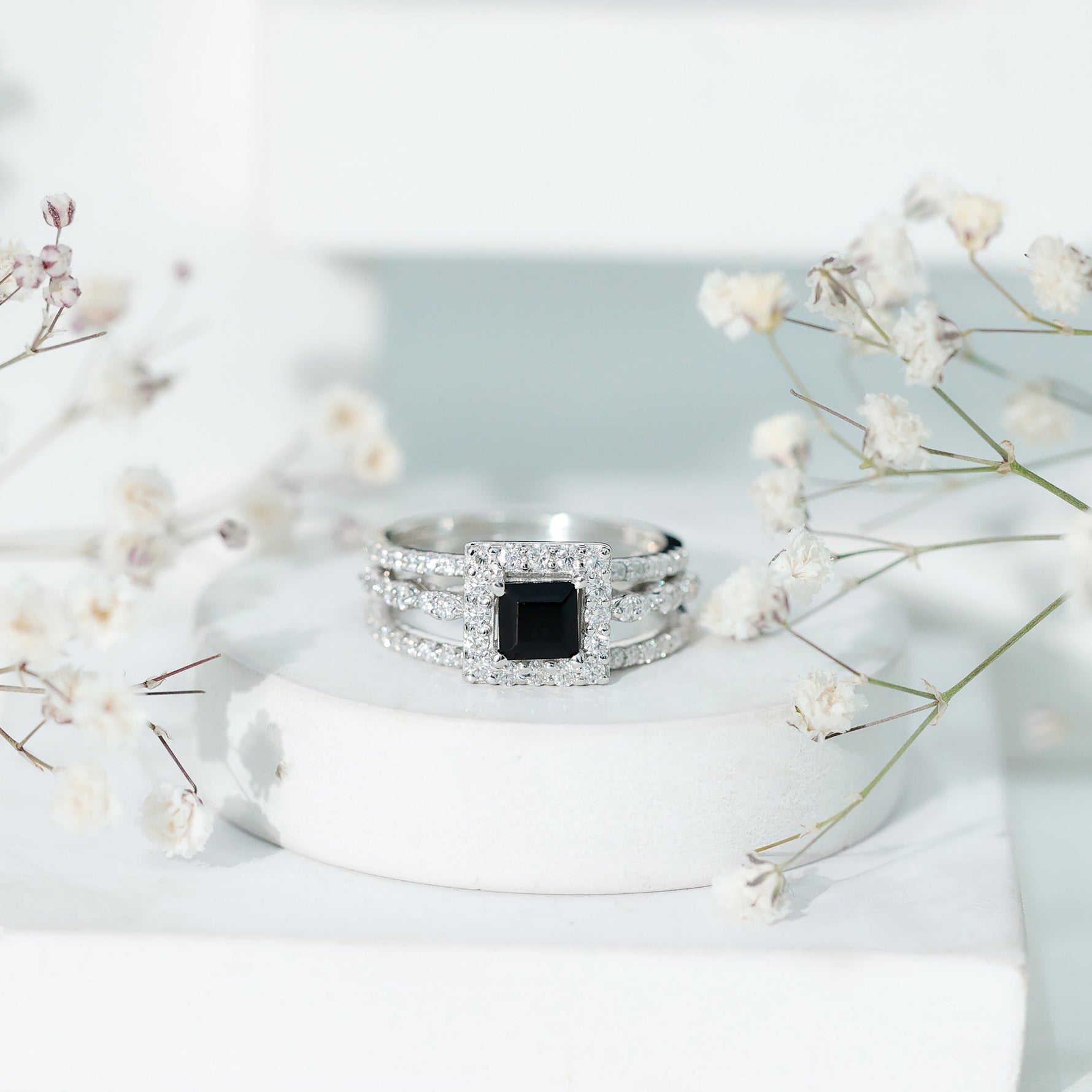 Princess Cut Black Onyx and Moissanite Trio Wedding Ring Set
