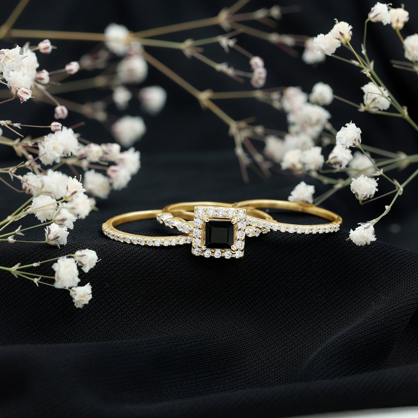 Princess Cut Black Onyx and Moissanite Trio Wedding Ring Set