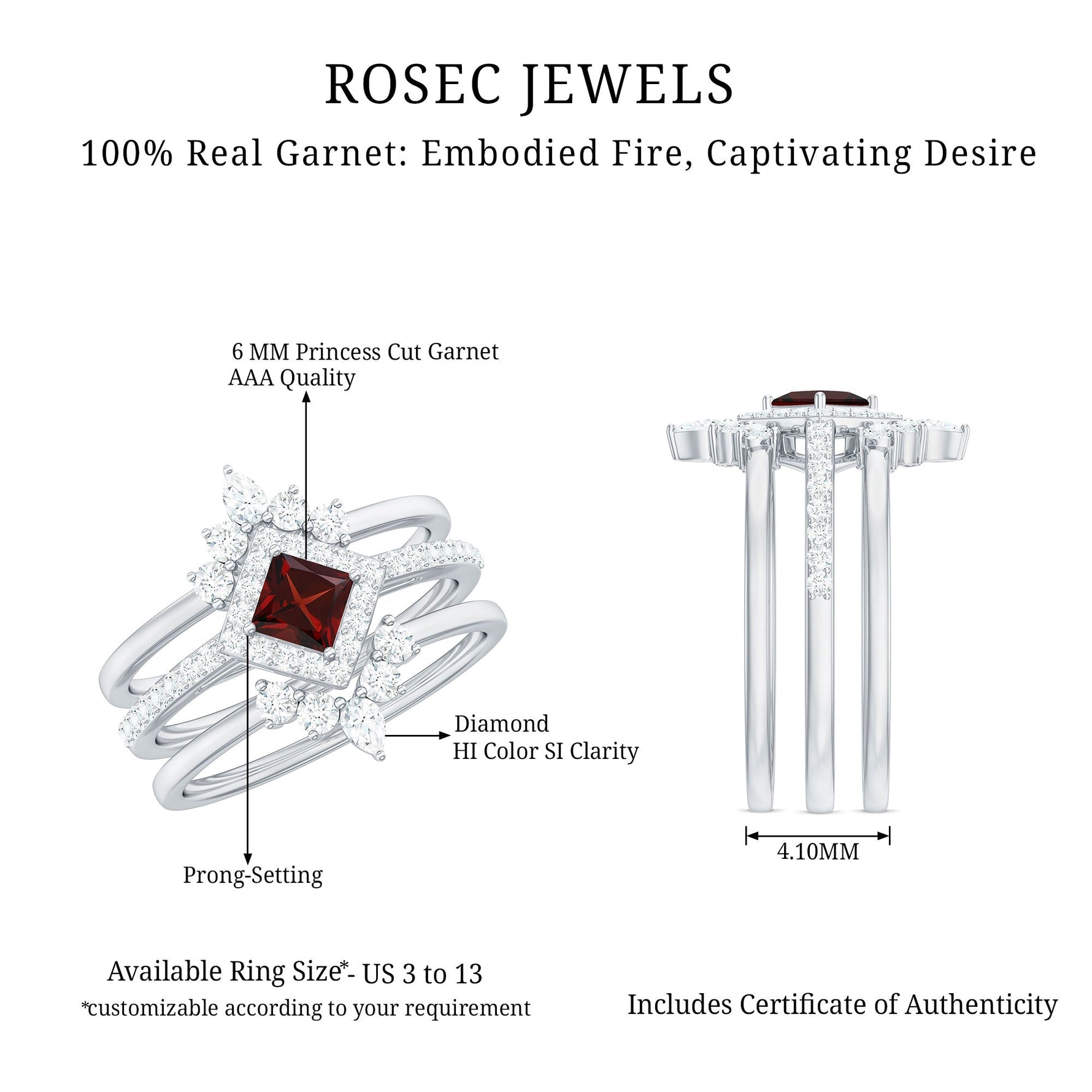Natural Garnet Diamond 3 Piece Bridal Ring Set