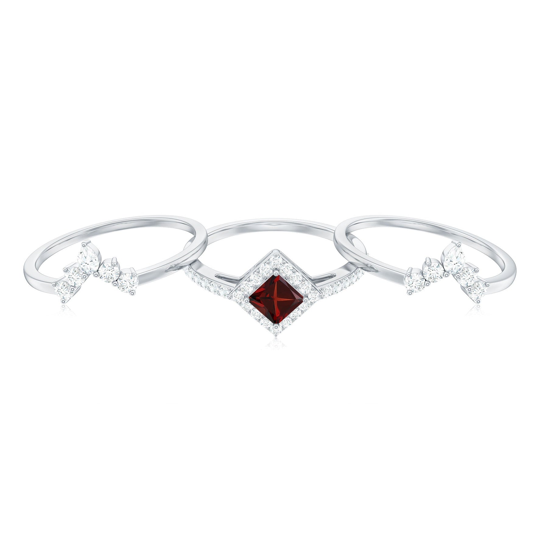 Natural Garnet Diamond 3 Piece Bridal Ring Set