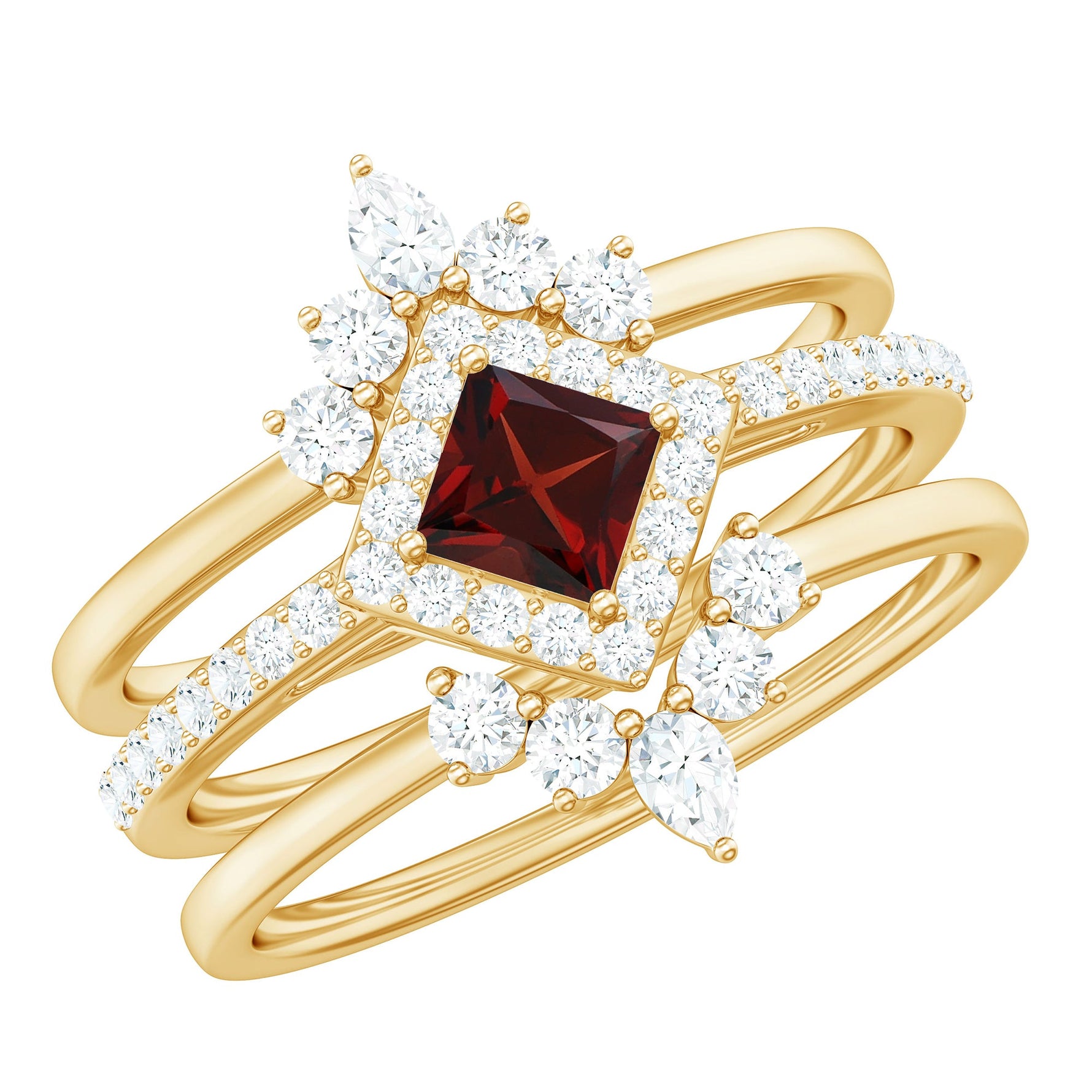 Natural Garnet Diamond 3 Piece Bridal Ring Set
